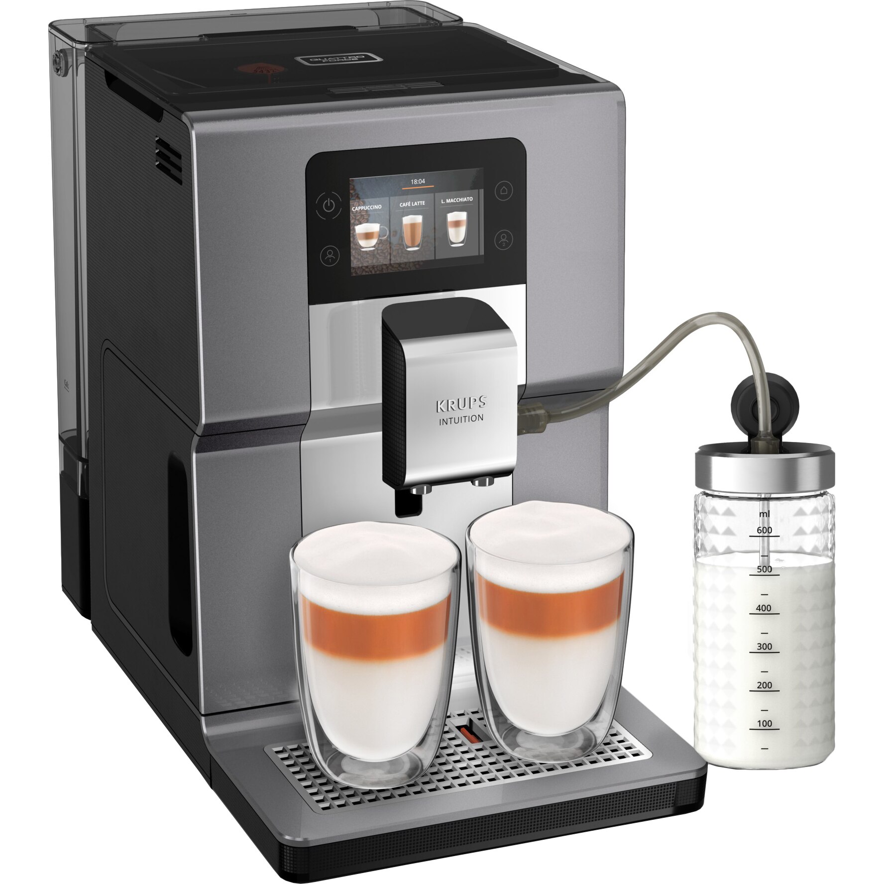 Krups Intuition Preference+ EA875E10 automatic espresso machine, 1450W, Milk frothing accessory, 15 drinks, Touch screen, Quattro Force technology, Favorite recipes, Silver