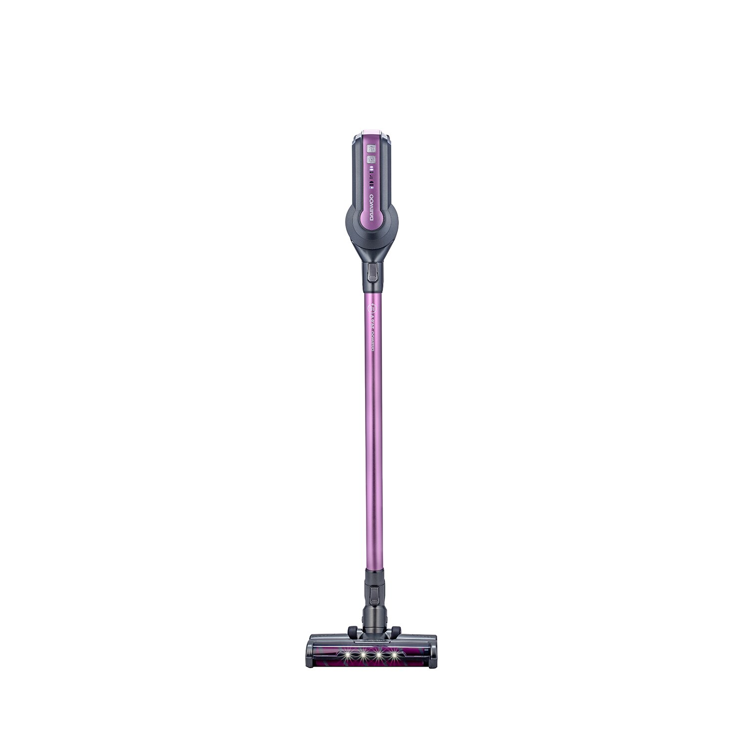 Daewoo RSH-410GP-1 upright vacuum cleaner, stick type, power 300 W, suction power 100 W, HEPA filter, 29.6 volt Lithium-Ion battery, 40 min. autonomy, handle control, rechargeable battery, power indicator, standard brush + accessories, purple