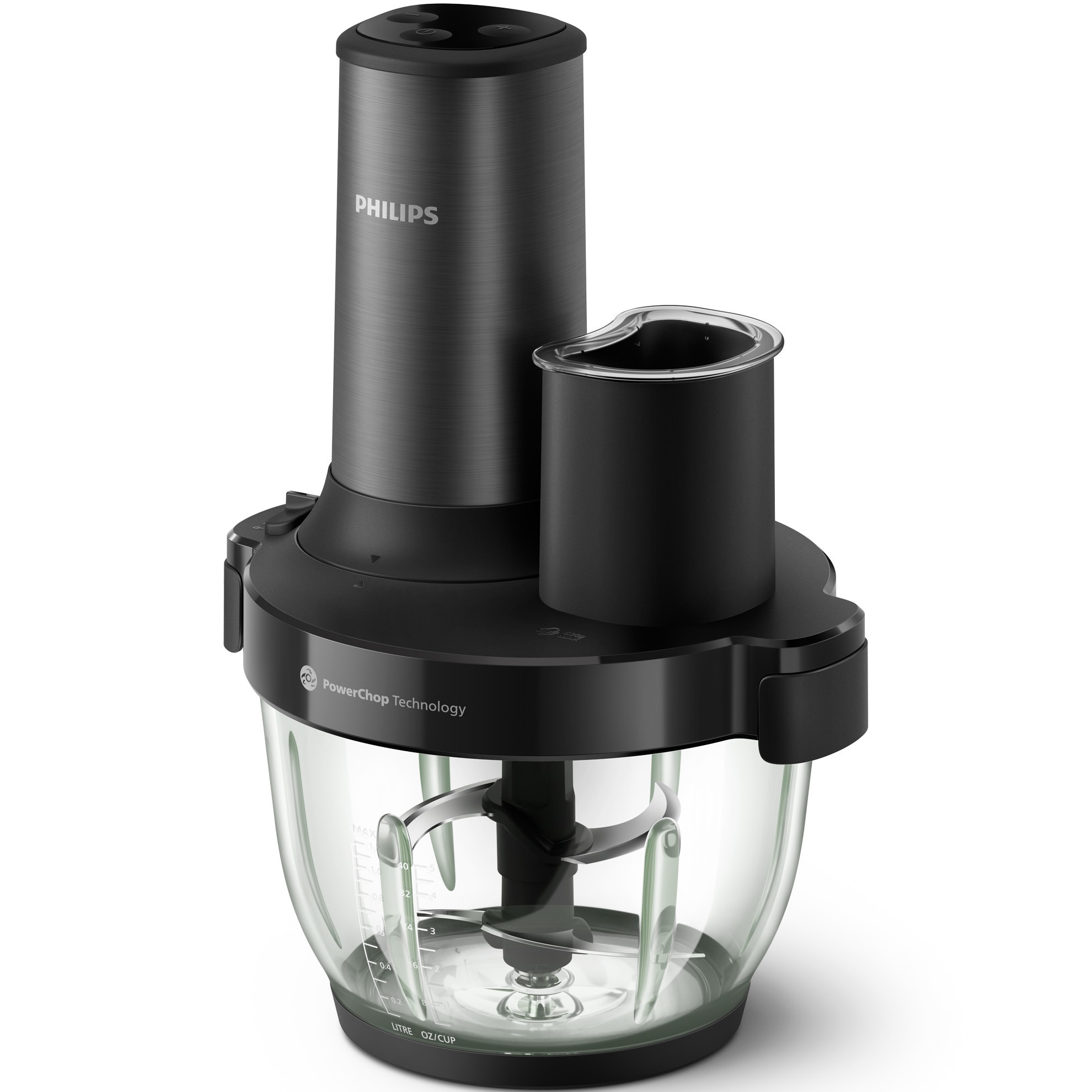 Philips HR1507/00 chopper, 3000 series, 3-1, 650 W, PowerChop technology, 4 blades, 2l bowl capacity, 4 speeds, metal exterior material, glass bowl material, accessories slicing blade, grating blade, whisk, garlic peeler and S blade
