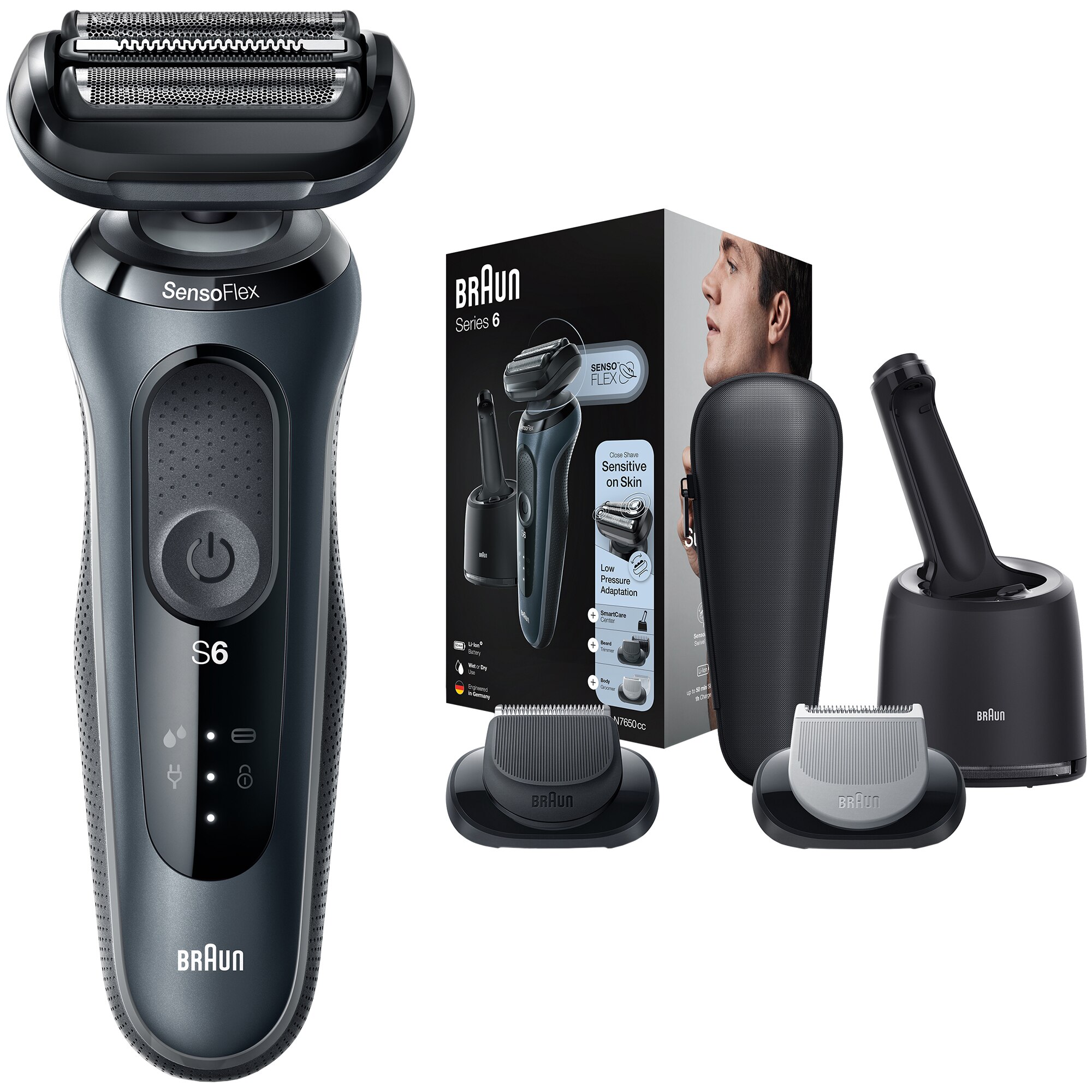 Aparat de ras electric Braun Series 6 61-N7650CC Wet&Dry, AutoSense, 4 elemente de taiere, SensoFlex, Statie de incarcare si curatare Smart Care, accesorii pentru barba si ingrijire corporala, Trusa de voiaj, Gri