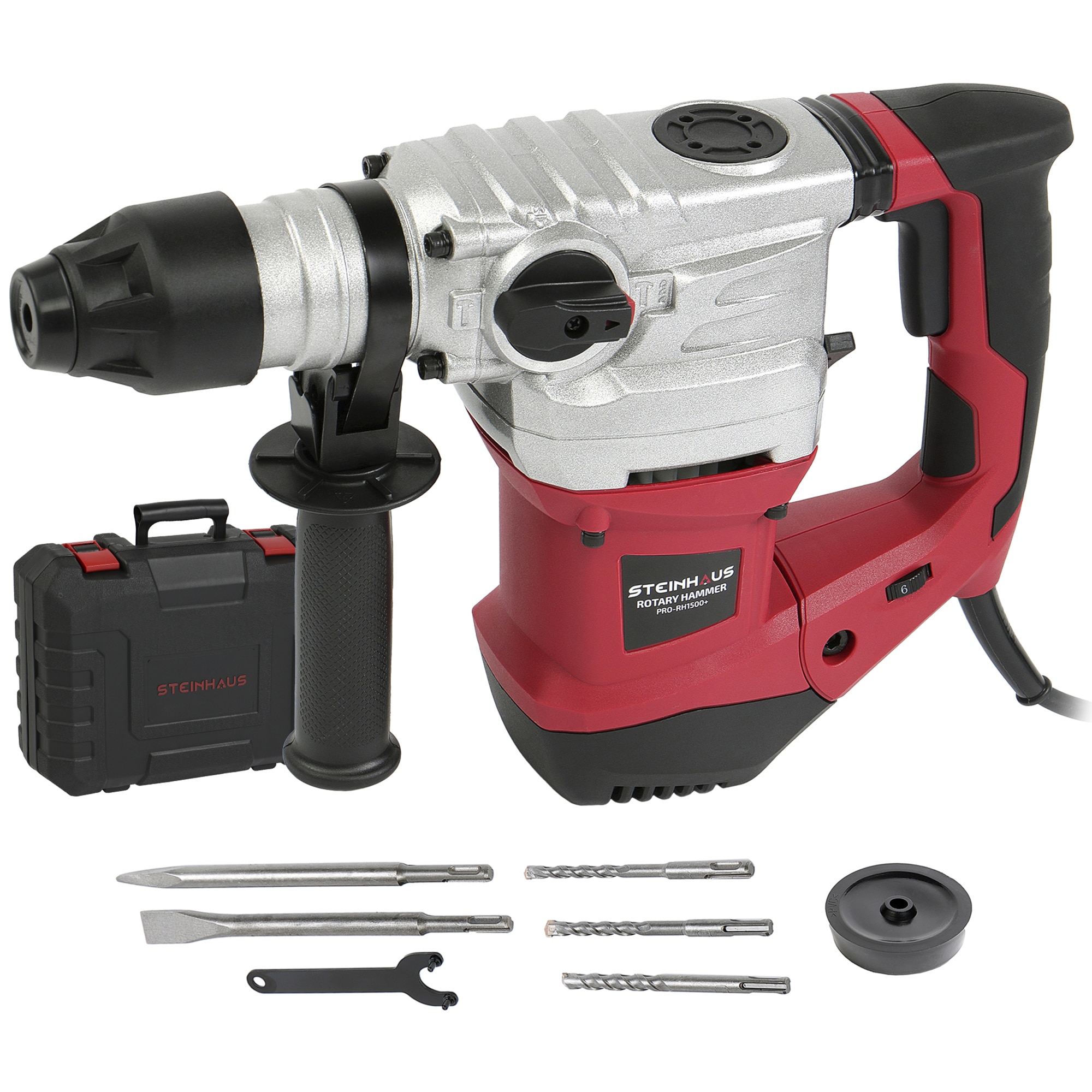 Ciocan rotopercutor Steinhaus PRO-RH1500+, 1500W, 860 RPM, 5.5J, mandrina SDS-Plus, 4 functii, kitbox + 3 burghie, dalta, spit