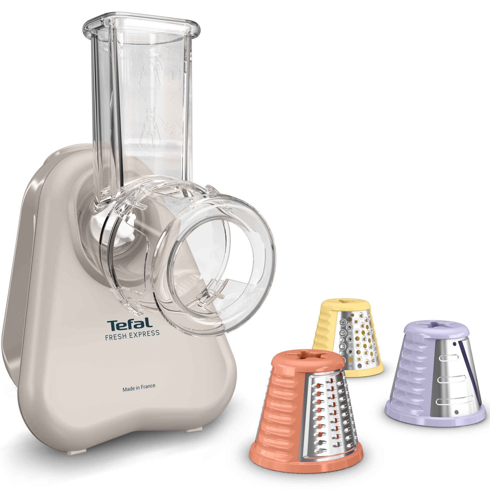 Tefal Fresh Express electric grater, 150W, 3 cones, compact, dishwasher compatible.