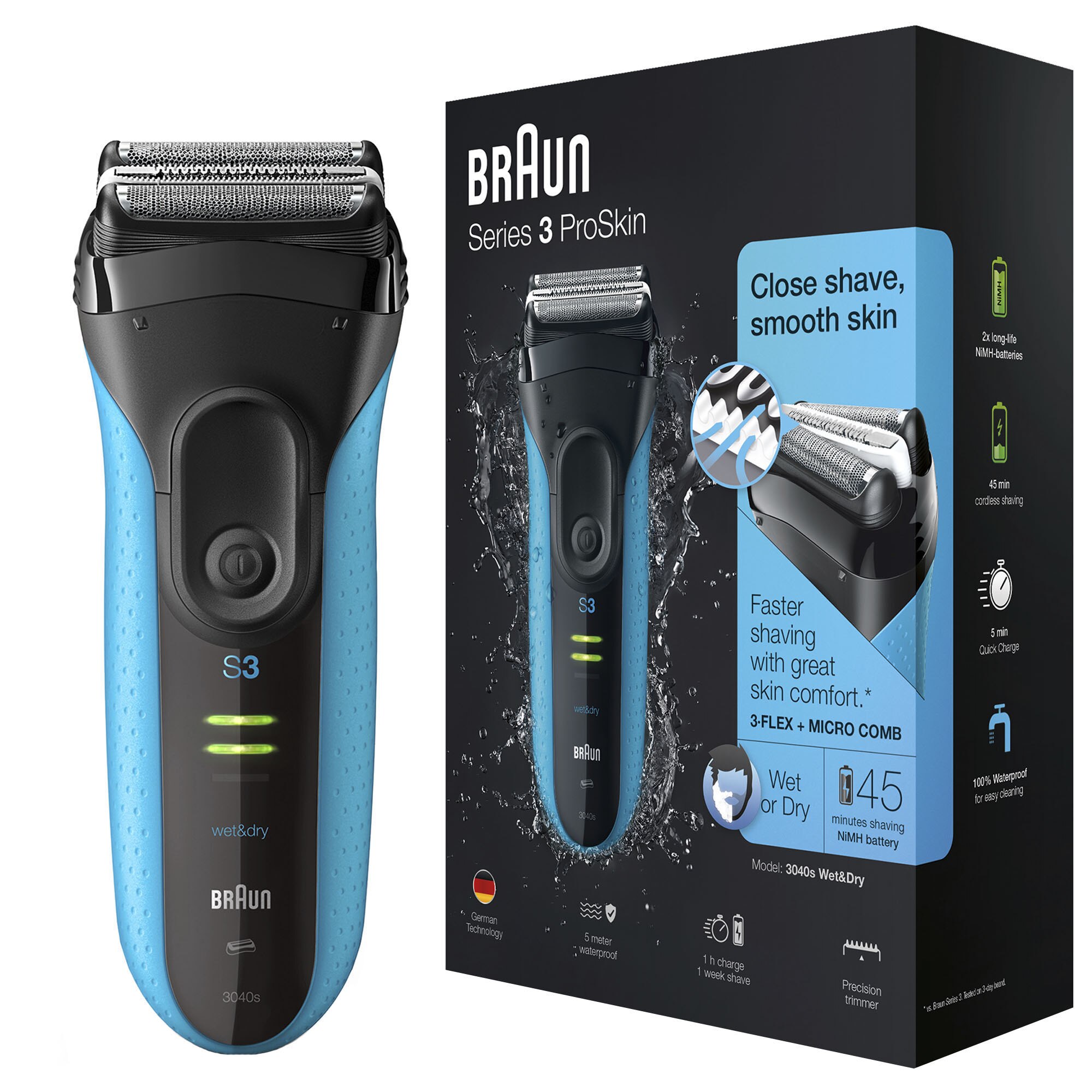 Aparat de ras electric Braun Series 3 3040s ProSkin Wet&Dry, MicroComb, Negru/Albastru