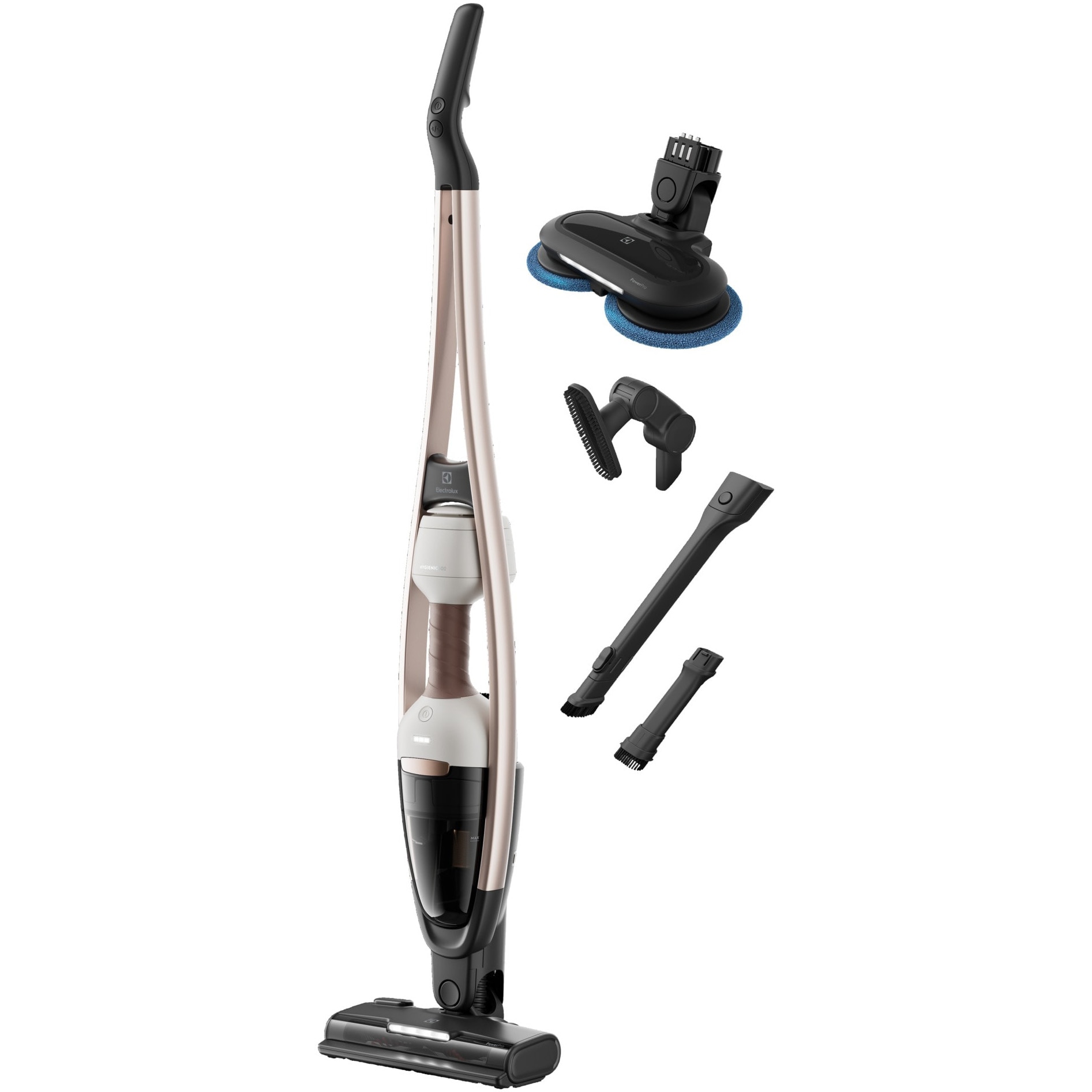 Aspirator vertical 2 in 1 ELECTROLUX Seria 600 ES62P25WET, 25.2V, 2500 mAh, autonomie max 55 min, 3 trepte de putere, perie Turbo multisuprafete si PowerPro Mop cu lumina LED, tub telescopic, duza ingusta/perie, tub special multi - unghi, alb
