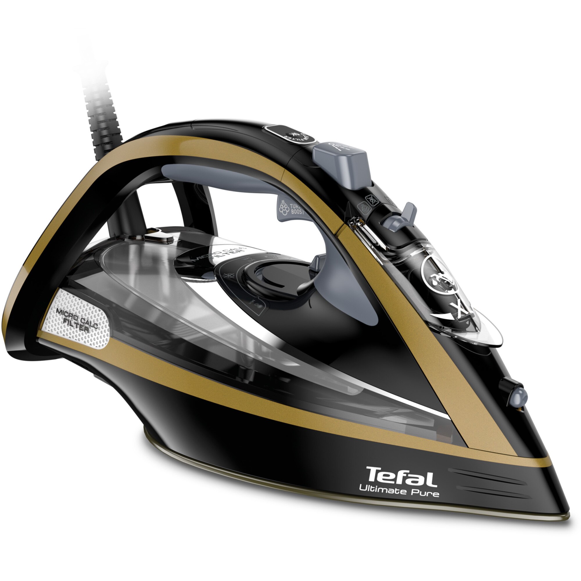 Fier de calcat Tefal Ultimate Pure FV9847E0, 3200W, jet de abur 260g/min, abur variabil 0-60g/min, rezervor apa 350ml, talpa Durilium AirGlide AutoClean, oprire automata, negru/auriu