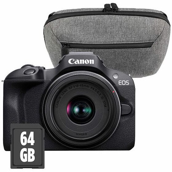 Aparat foto Mirrorless Canon EOS R100 + Obiectiv RF-S 18-45mm f/4.5-6.3 IS STM + Canon Carry Bag + 64GB SD Card, Travel Kit