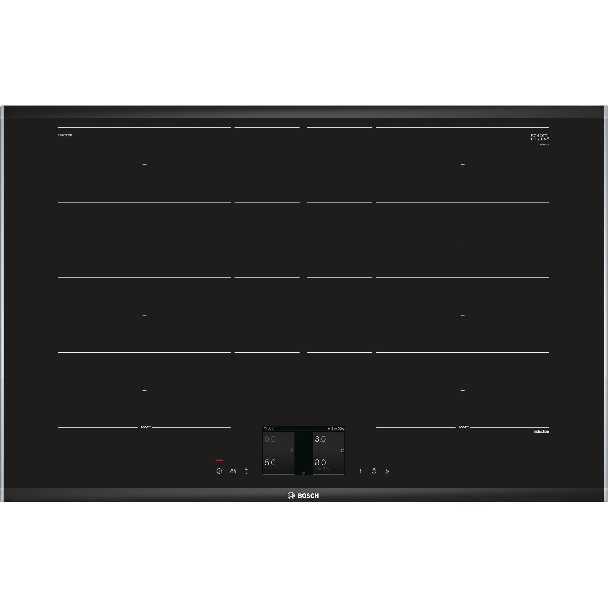 Plita incorporabila Bosch Seria 8 PXY875KW1E, Inductie, 4 zone de gatit, Functie Assist, PerfectFry, FlexInduction, PerfectCook, Home Connect, Touch display control, Conectivitate hota, 80 cm, Negru