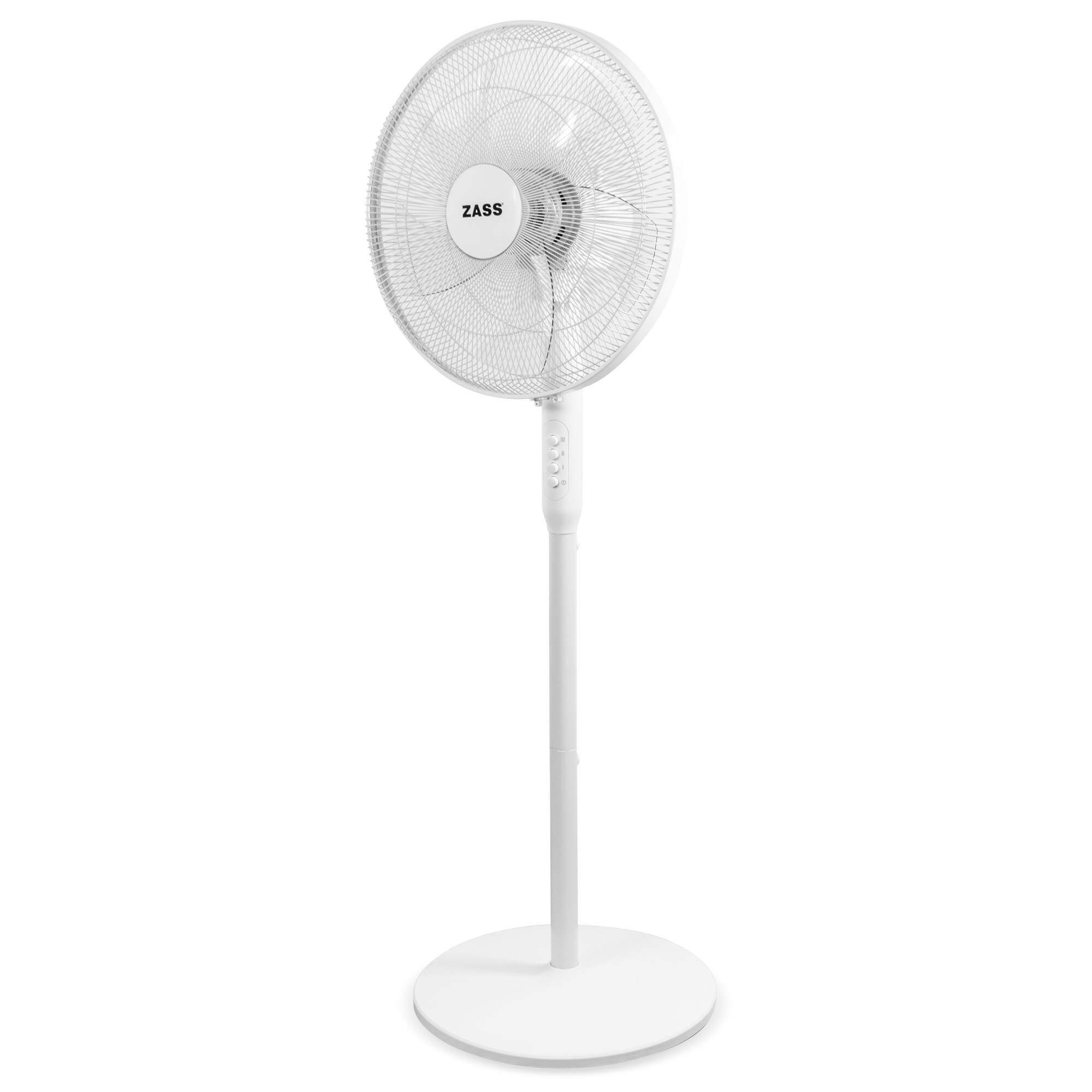 Ventilator cu picior Zass ZFA 1607 , 55 W, Oscilatie 90° stanga-dreapta, 3 trepte de viteza, Motor silentios, Inaltime ajustabila, Alb