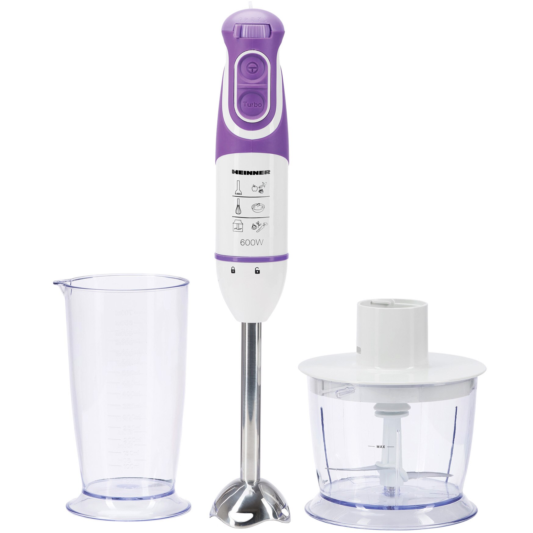 Heinner Charm vertical mixer, 600W, 5 speeds, Turbo function, whisk, chopper, White/Purple
