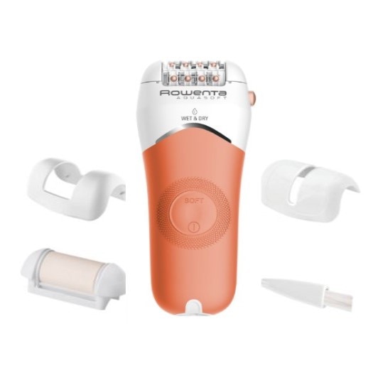Epilator ROWENTA AquaSoft EP4920F0, 45W, 40 min autonomy, Wet&amp;Dry, 4 accessories, Skin Respect technology, corai