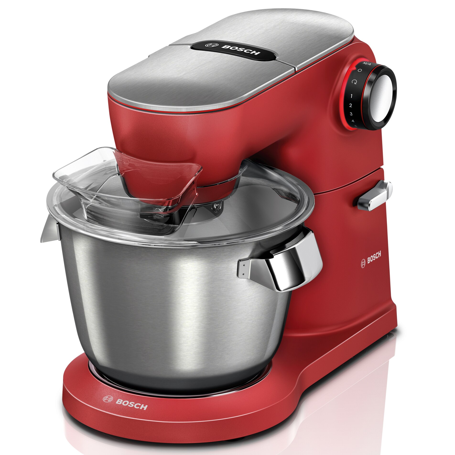 Bosch OptiMUM food processor, 1600W, 7 speed steps and Impulse function, stainless steel bowl, bowl capacity 55l, 3D planetary mixer, automatic parking for standby mode, pastry set, soft start, Red