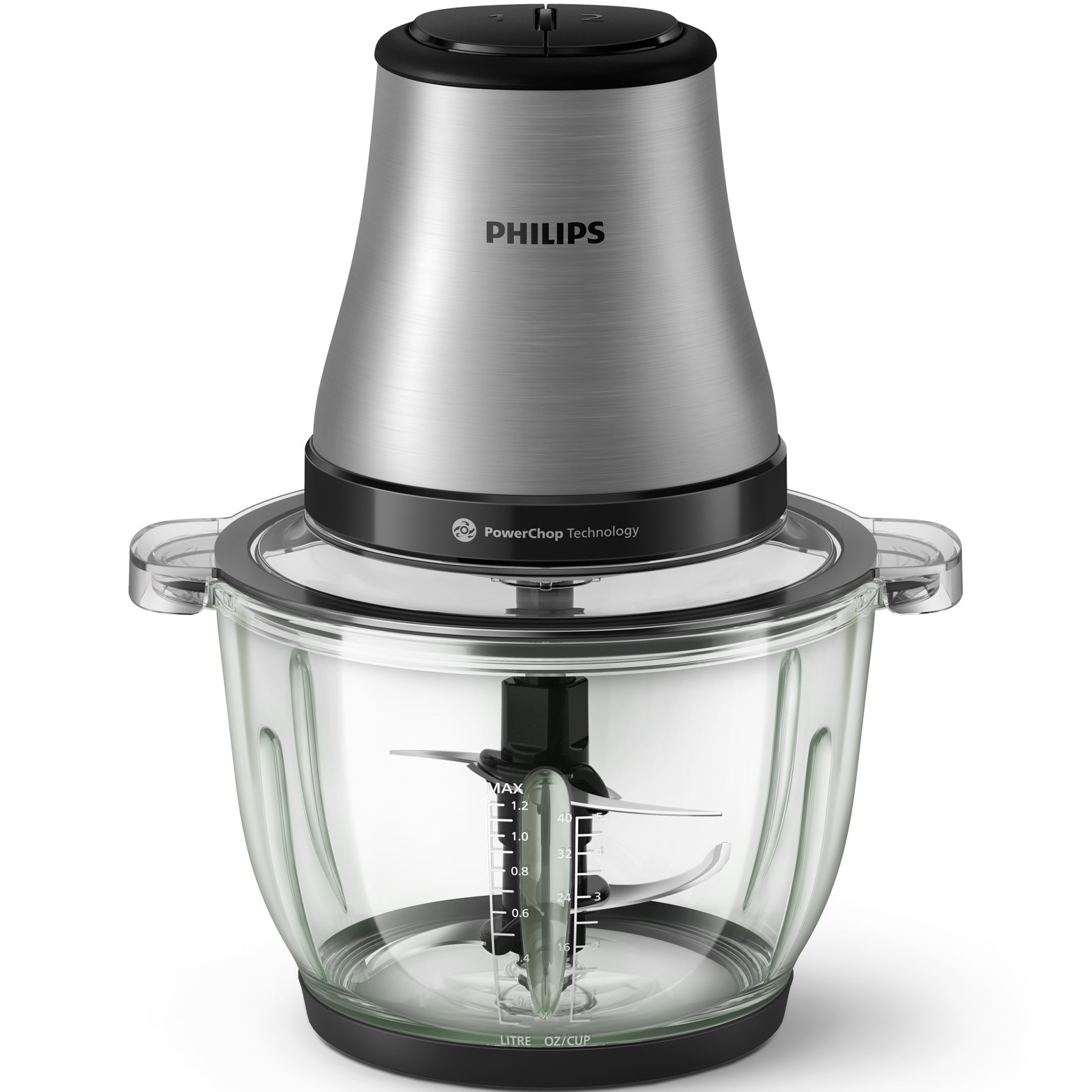 Philips HR1503/00 chopper, 3000 series, 500 W, PowerChop technology, 4 blades, 2l bowl capacity, 2 speeds, metal exterior material, glass bowl material