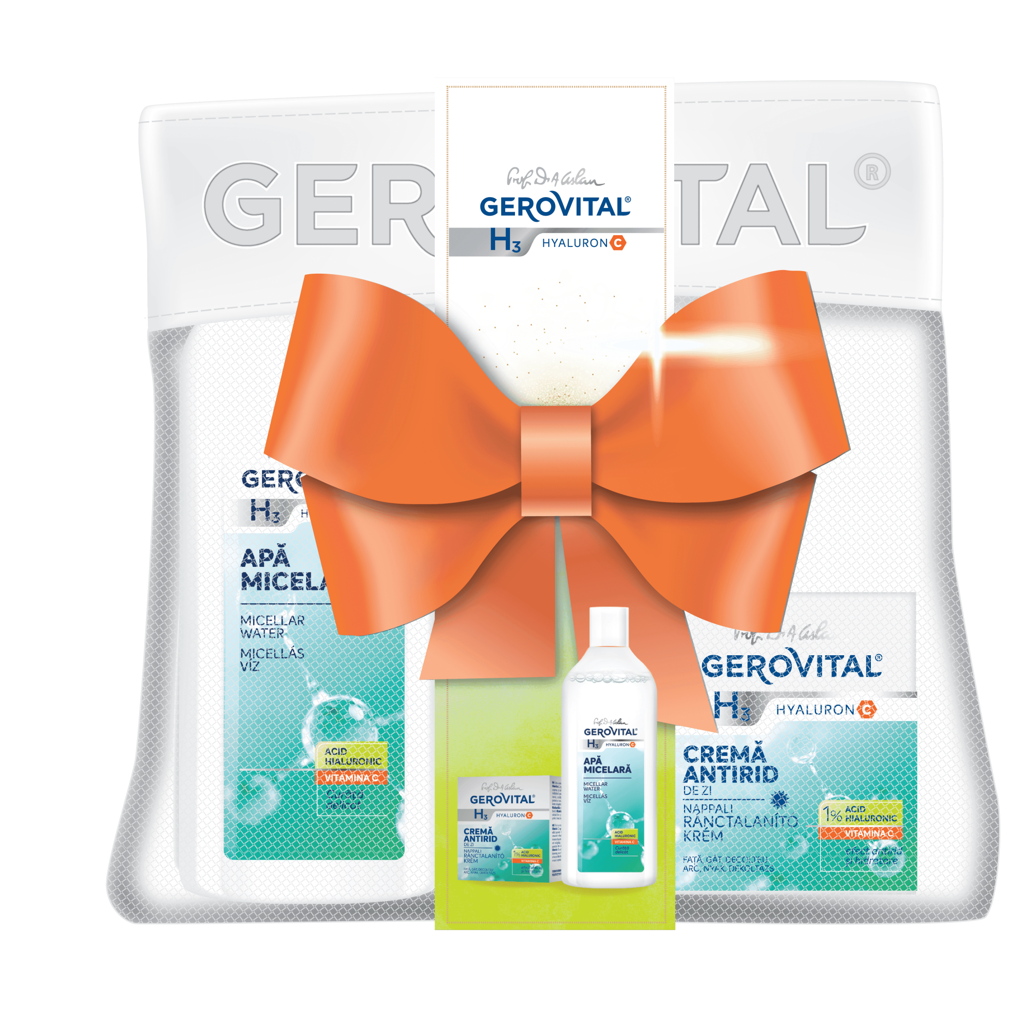 Gift set Gerovital H3 Hyaluron C Micellar water, 400 ml + Anti-wrinkle day cream 50 ml + bag