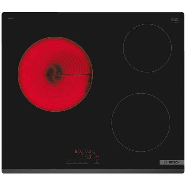 Plita incorporabila Bosch PKM631BB2E, Vitroceramica, 3 zone de gatit, TouchSelect, ReStart, Temporizator, HighSpeed, 60 cm, Negru