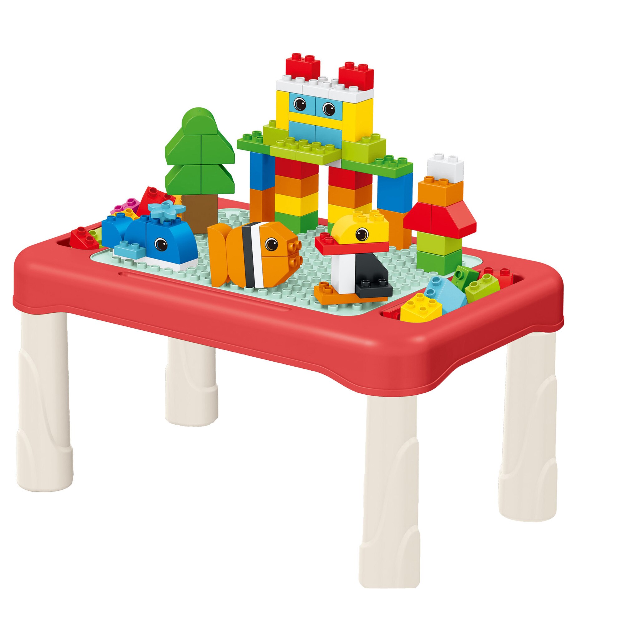 Set masuta de constructie si cuburi Mappy, 56 piese, Alb / Rosu