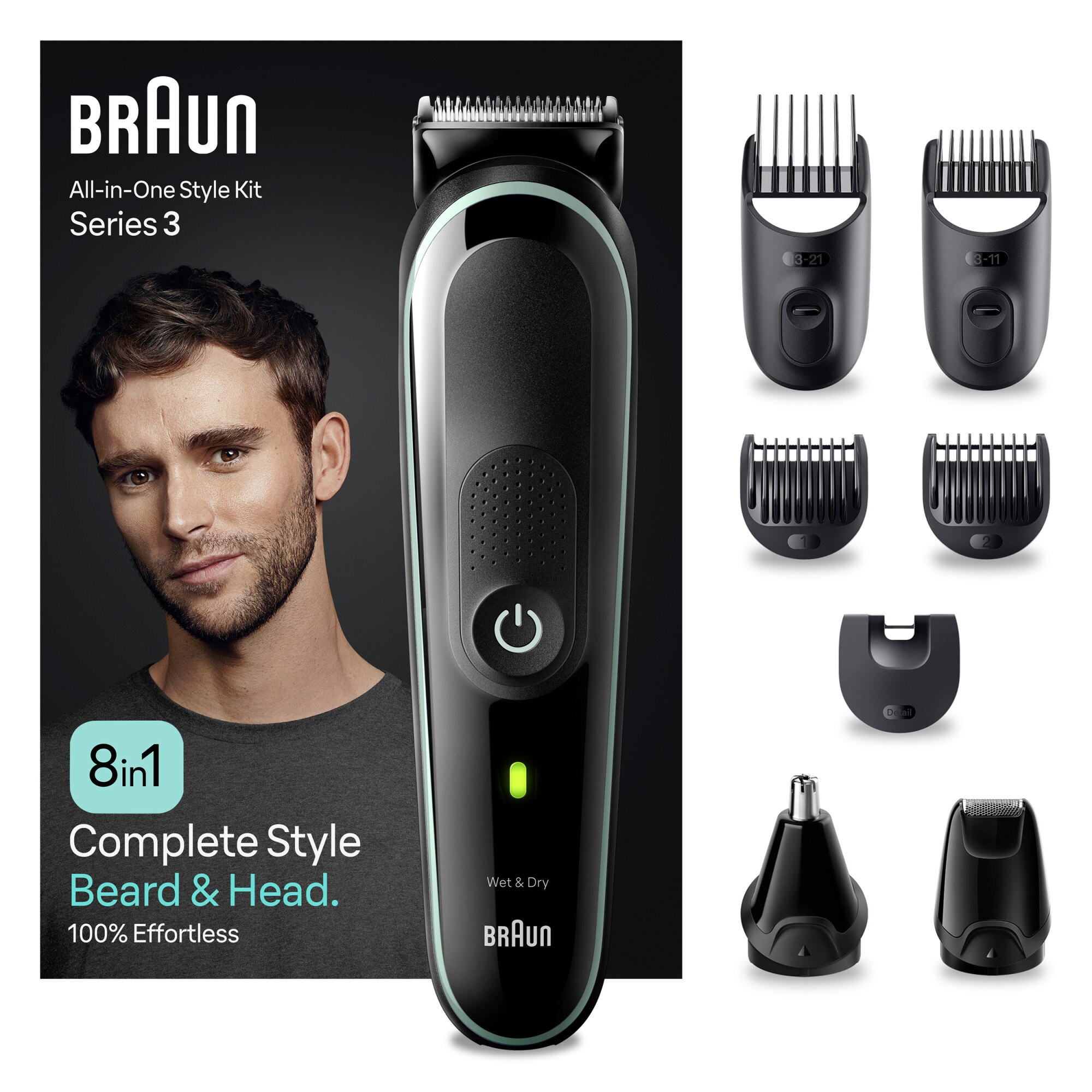 Aparat de tuns multifunctional Braun MGK3441, Wet&Dry, 8-in-1, 5 piepteni, 1 capat, 1 mini aparat de ras, autonomie 80 minute, Saculet de voiaj, Negru/Verde