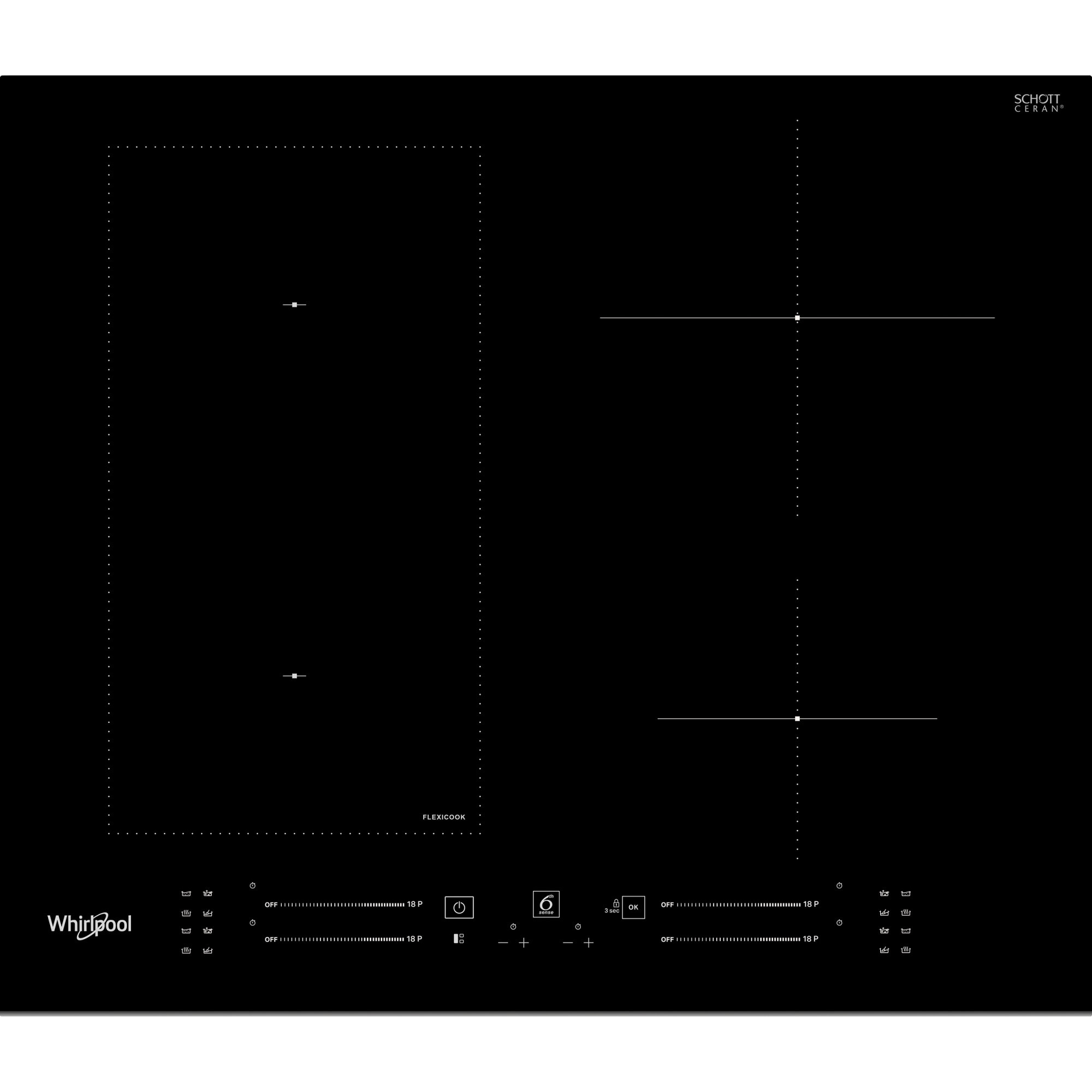 Plita incorporabila Whirlpool WLS6960BF, Inductie, 4 zone de gatit, 6th Sense, Timer, PoweManagement, Flexible Zone, 60 cm, Sticla neagra