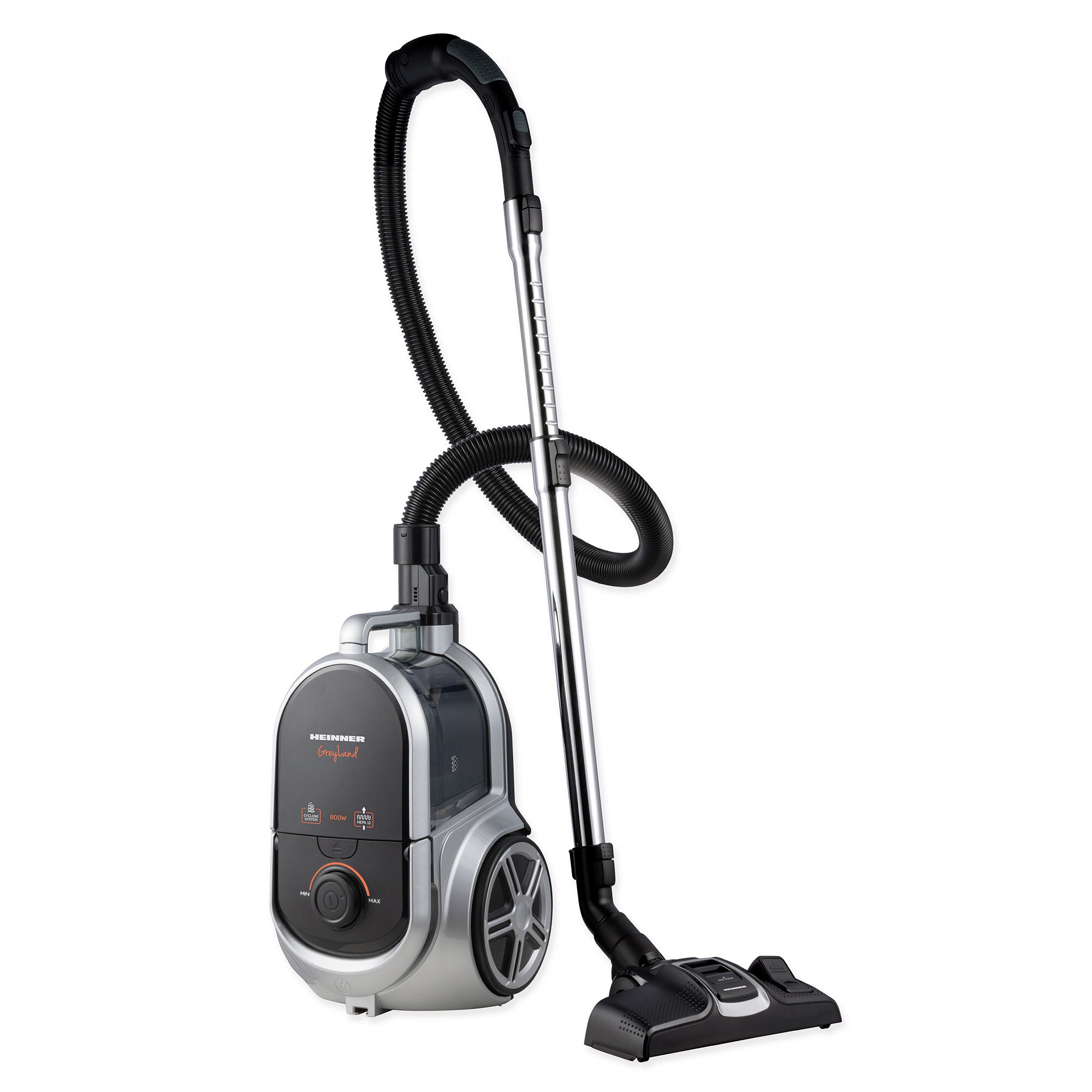 Heinner bagless vacuum cleaner, cyclonic system with HEPA 12 filter, ECO brush, power: 800W, suction power: 160W, dust container capacity: 2.5L, telescopic metal tube, power cord length: 5m, color: gray