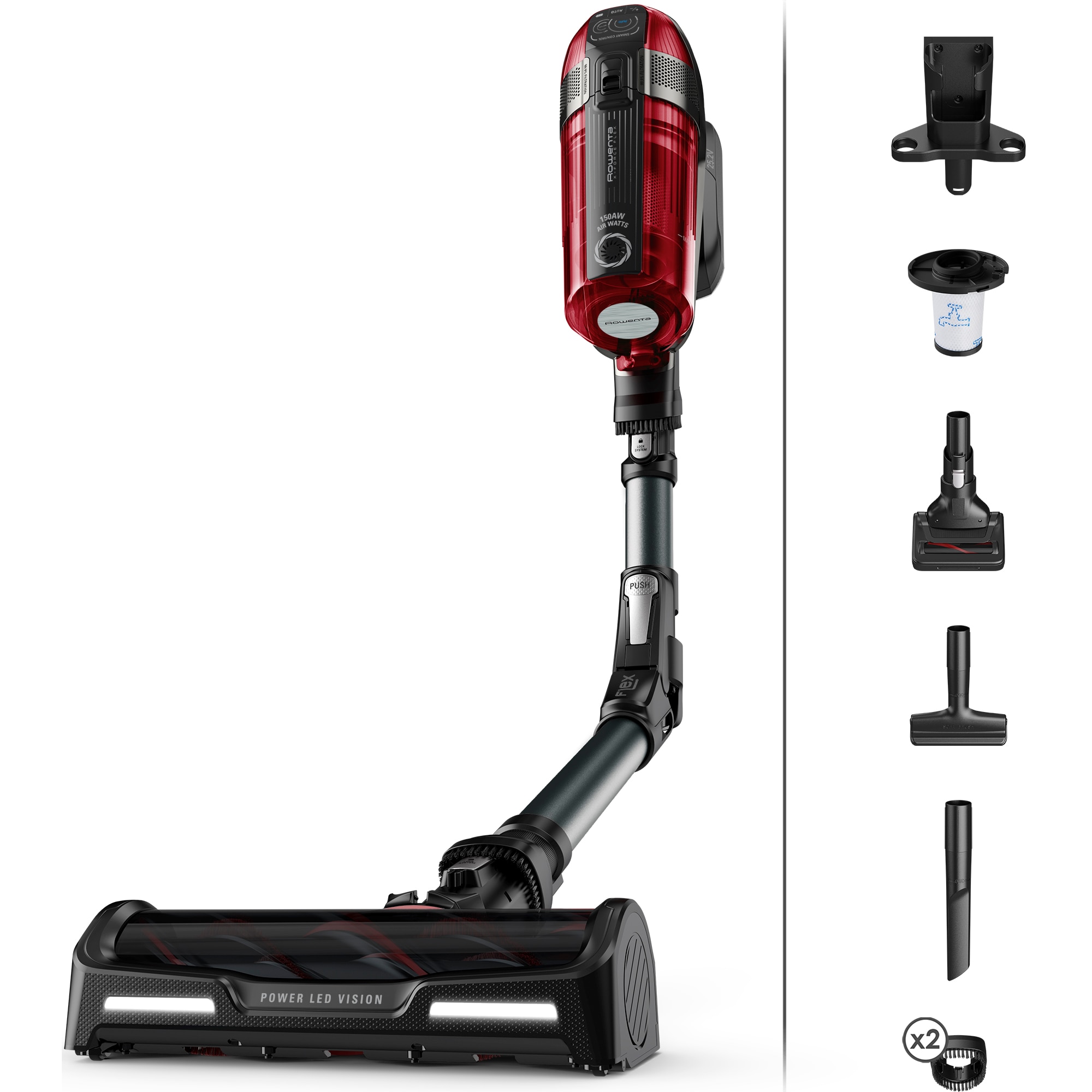 Rowenta X-Force Flex 12.60 RH98A8WO cordless upright vacuum cleaner, 320W, 25.2V, 45 min autonomy, 99.9% filtration, flexible tube, LED-illuminated brush, Smart Control digital panel, wall mount with charging, black &amp; red