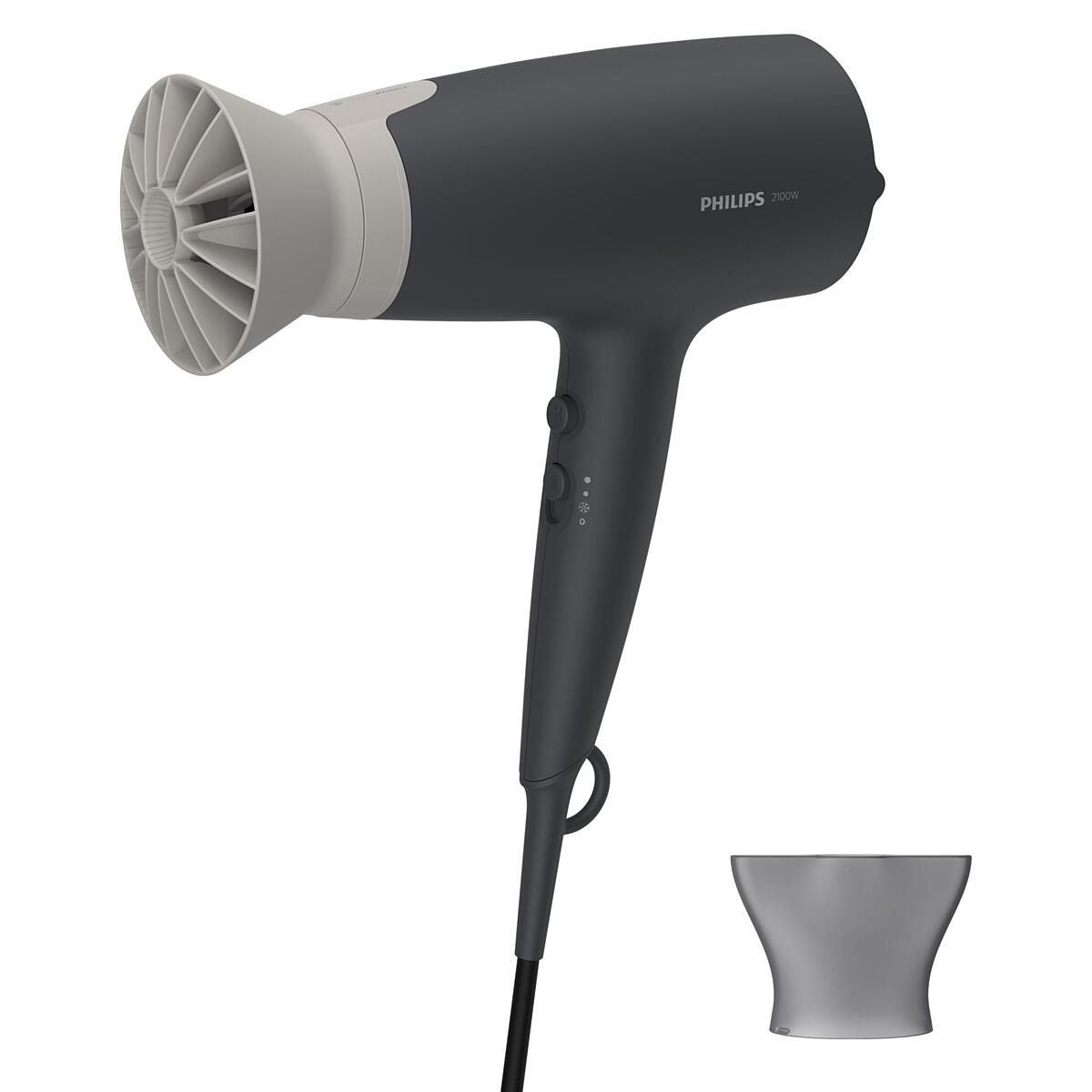 Philips BHD351/10 Hair Dryer, 2100W, Thermo Protect accessory, ionic care, 6 speed/temperature settings, 14 mm styling head, Gray