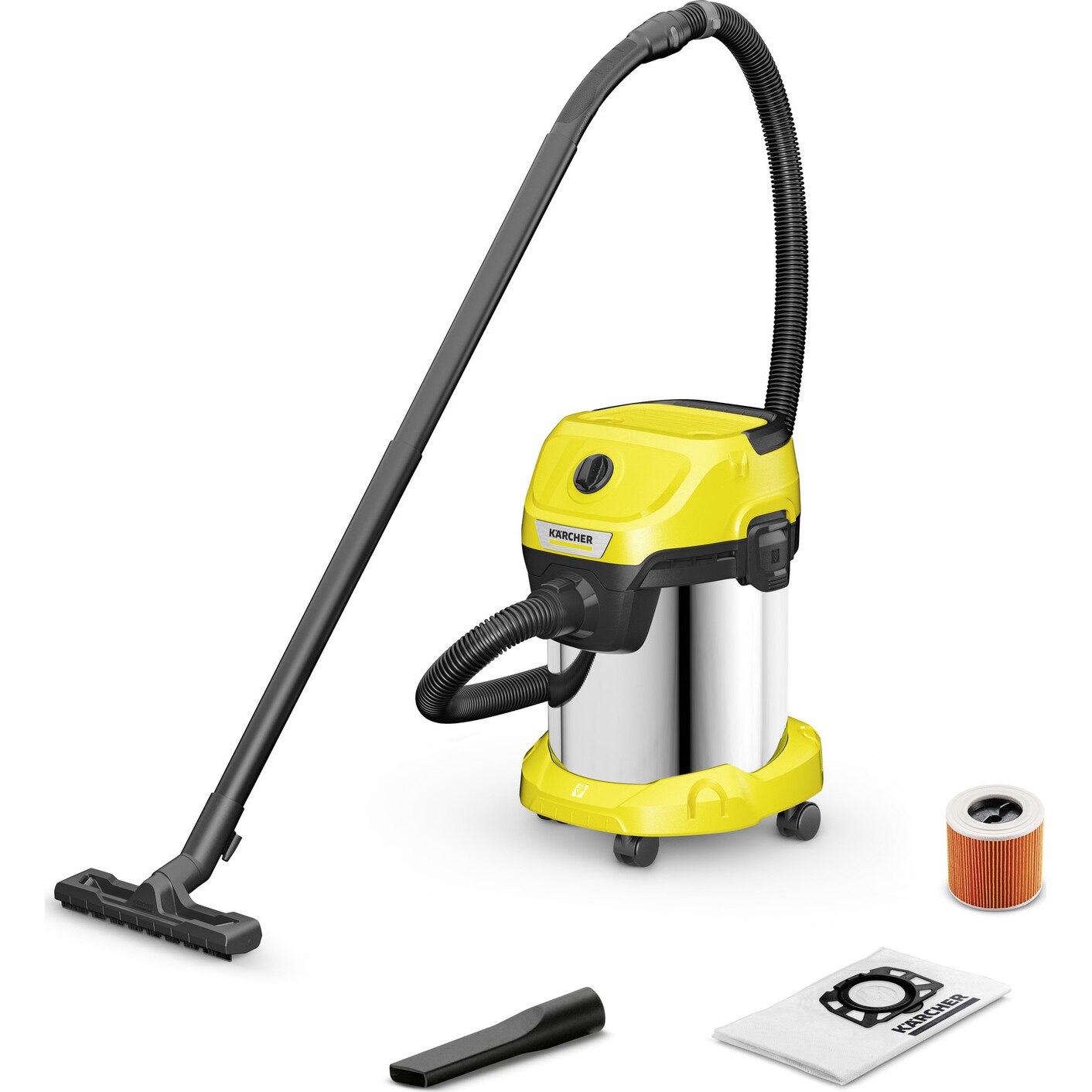 Aspirator umed-uscat Karcher WD 3 S, 15l, 2m, 1000W, functie de suflare, inox, Galben/Negru