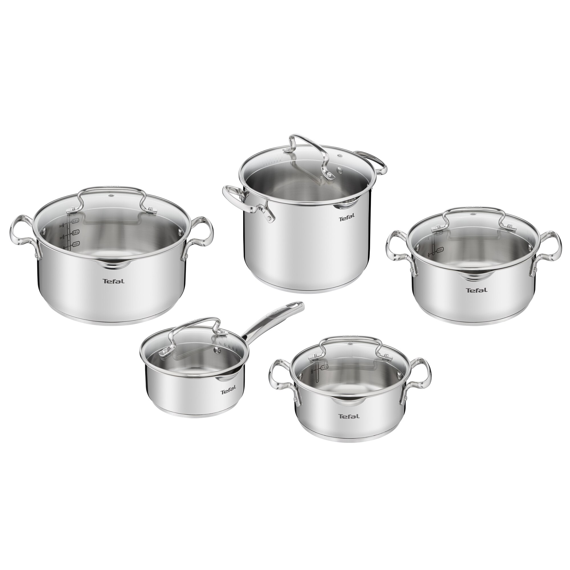 Tefal Duetto Plus 10-piece stainless steel set, induction, graduation system, glass lid