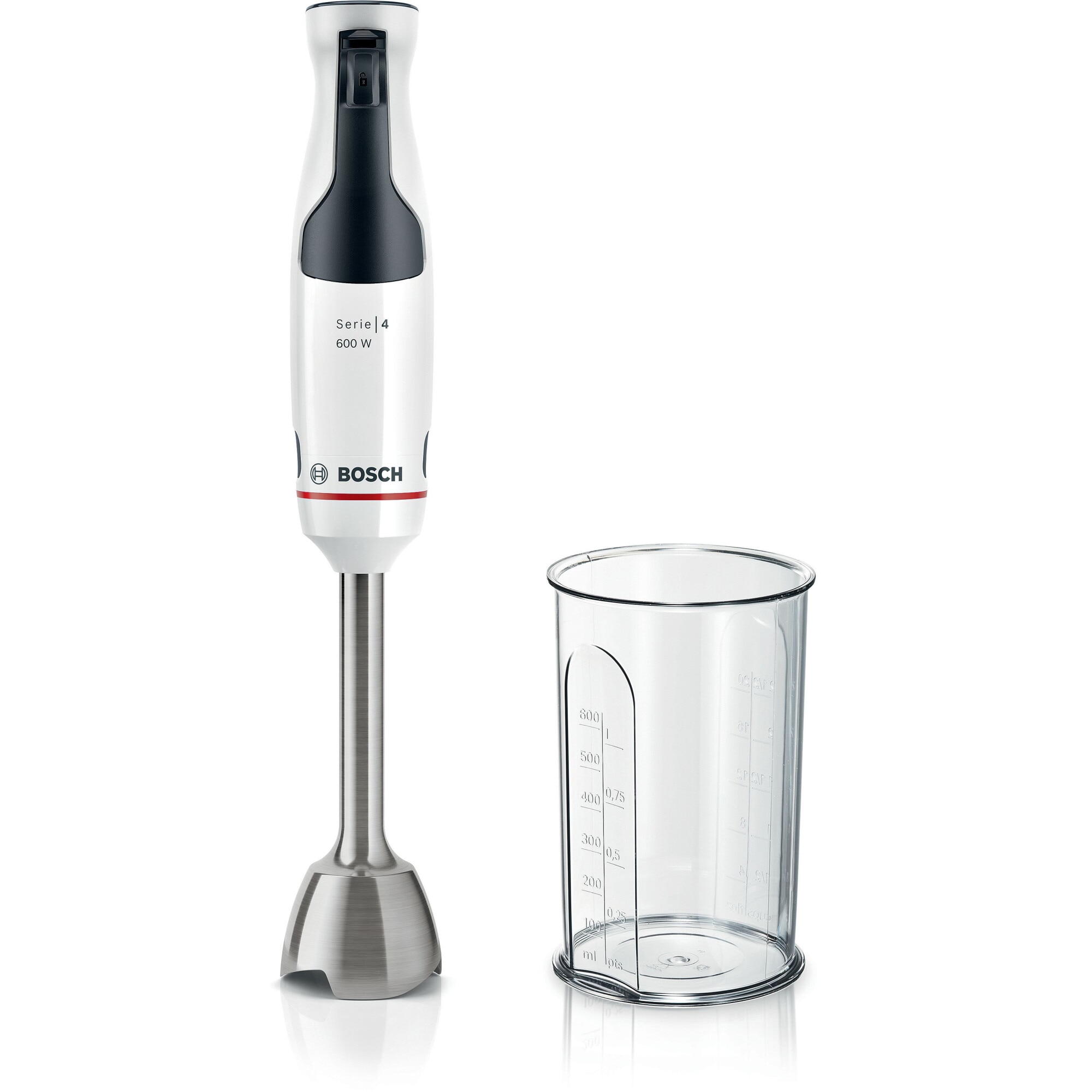 Bosch ErgoMaster MSM4W210 vertical mixer, 600 W, 4-blade knife and antisplash function, ceramic coupling, stainless steel mixing foot, measuring cup, White/black grey