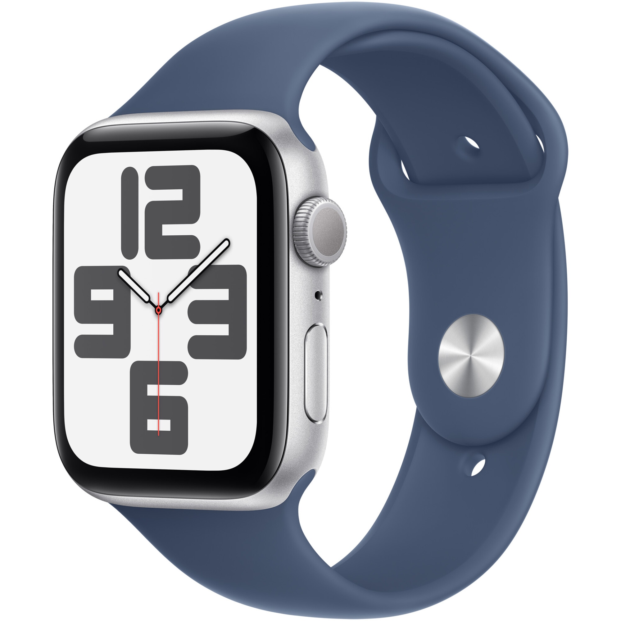 Apple Watch SE (2024), GPS, Carcasa Silver Aluminium 44mm, Denim Sport Band - S/M