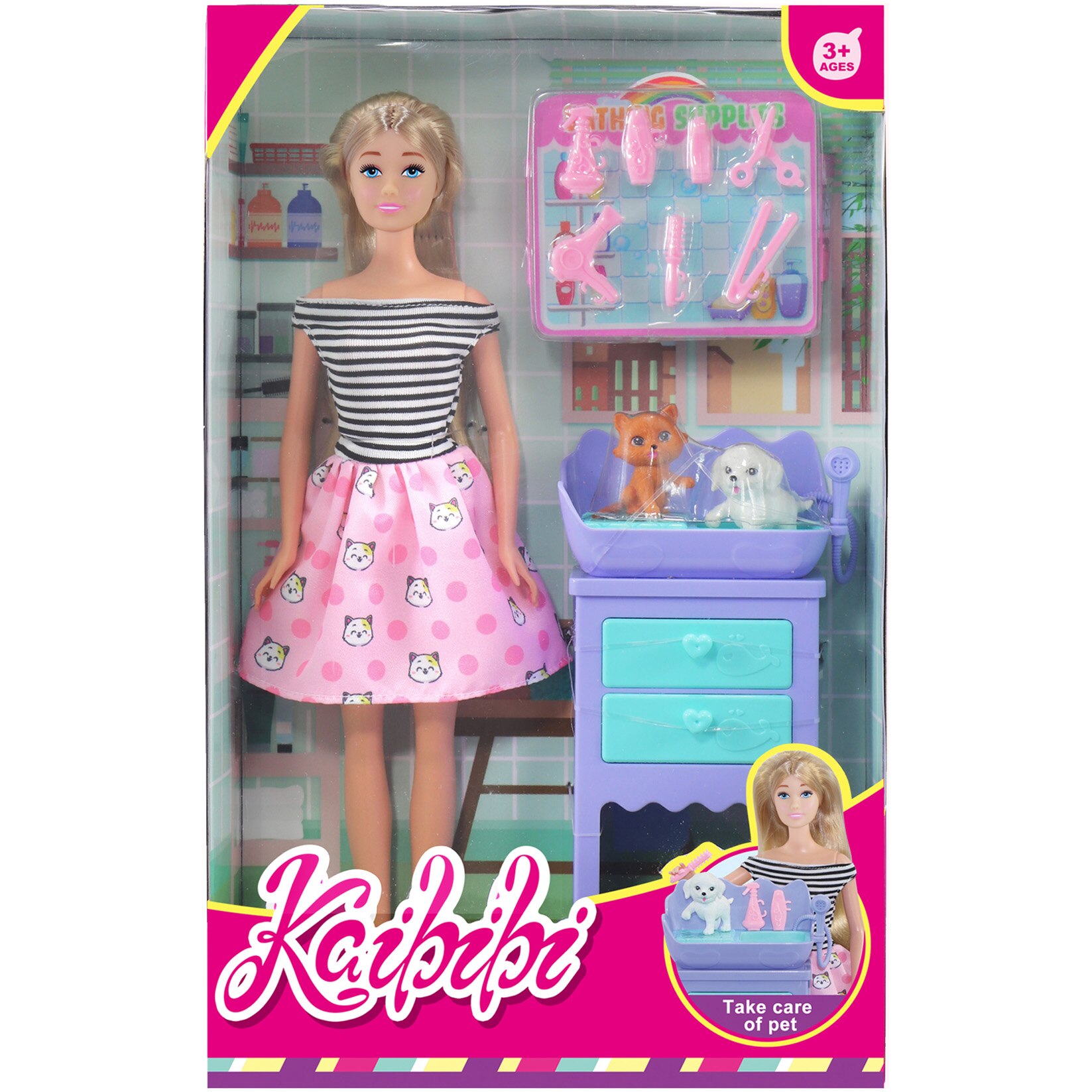 Set papusa Mappy 29 cm, cu animal de companie si accesorii pentru ingrijire