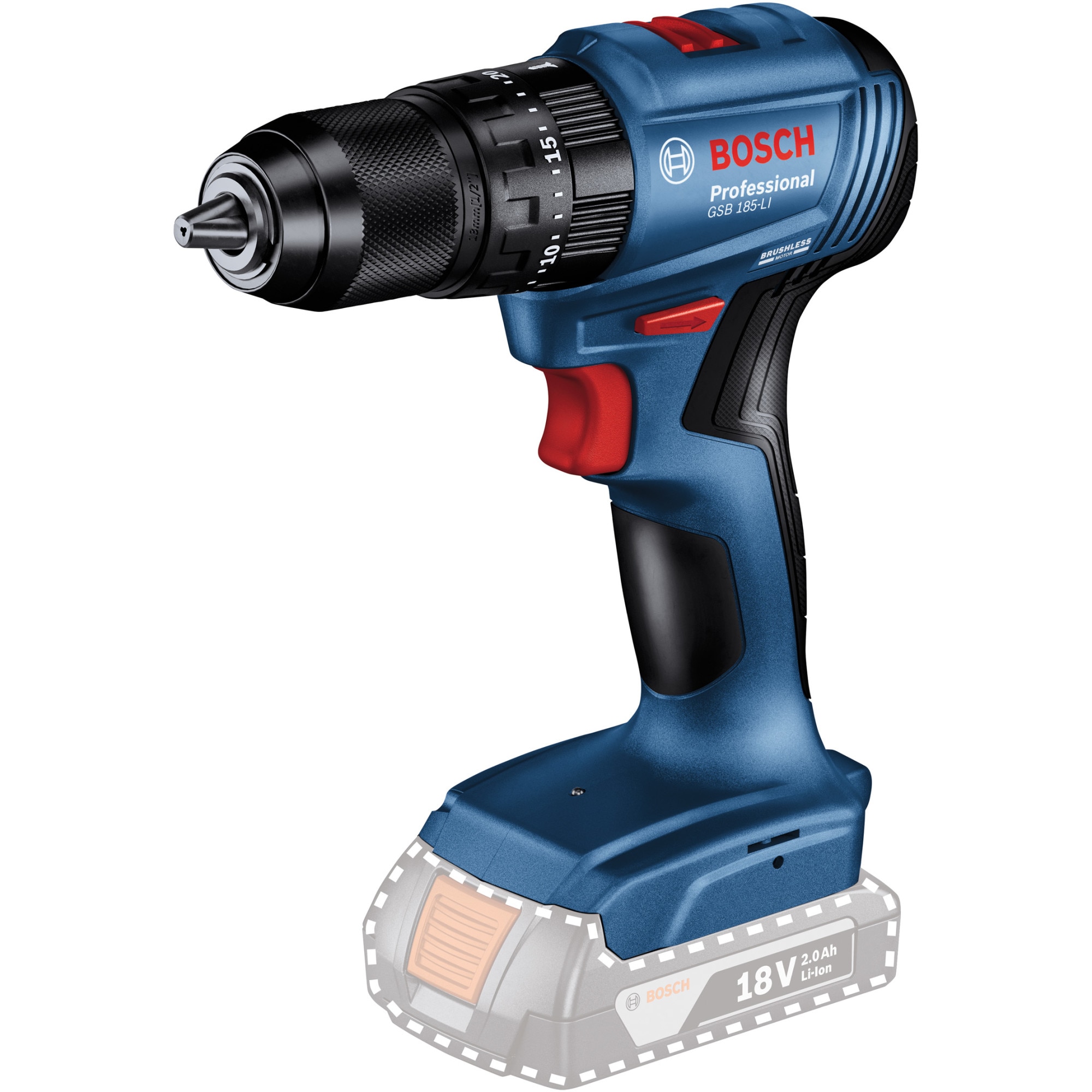 Bosch Pro GSB 185-LI 18V cordless impact drill, 50/21 Nm, 1900 RPM, no battery/charger, professional case.