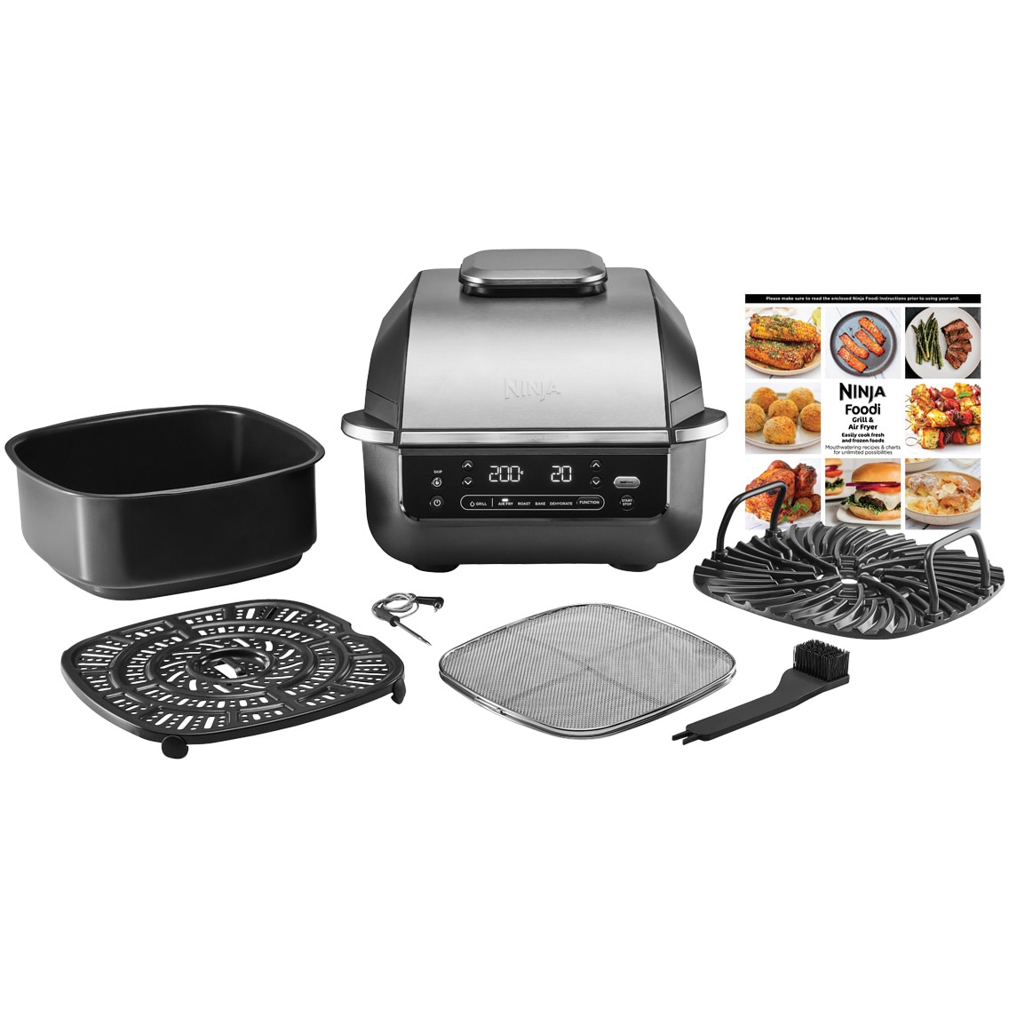 Electric grill and airfryer Ninja Foodi AirGrill EG351EU, 1760 W, hot air fryer function, 5 functions, 40°- 265°C, digital display, ceramic coating, digital thermometer, black-silver