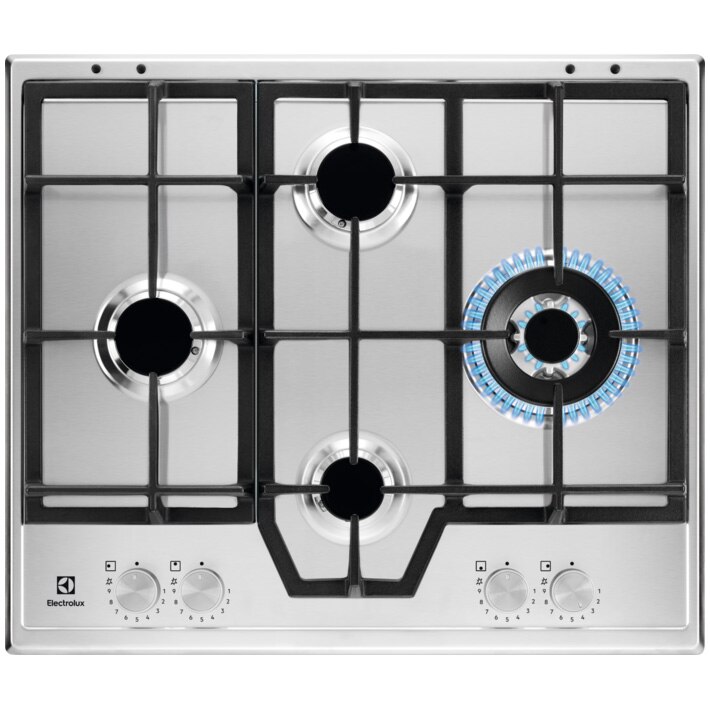 Plita incorporabila Electrolux KGS64562SX, Gaz, 4 arzatoare, Arzator Wok. Aprindere electrica integrata, Dispozitiv siguranta, Gratare fonta, 60 cm, Inox