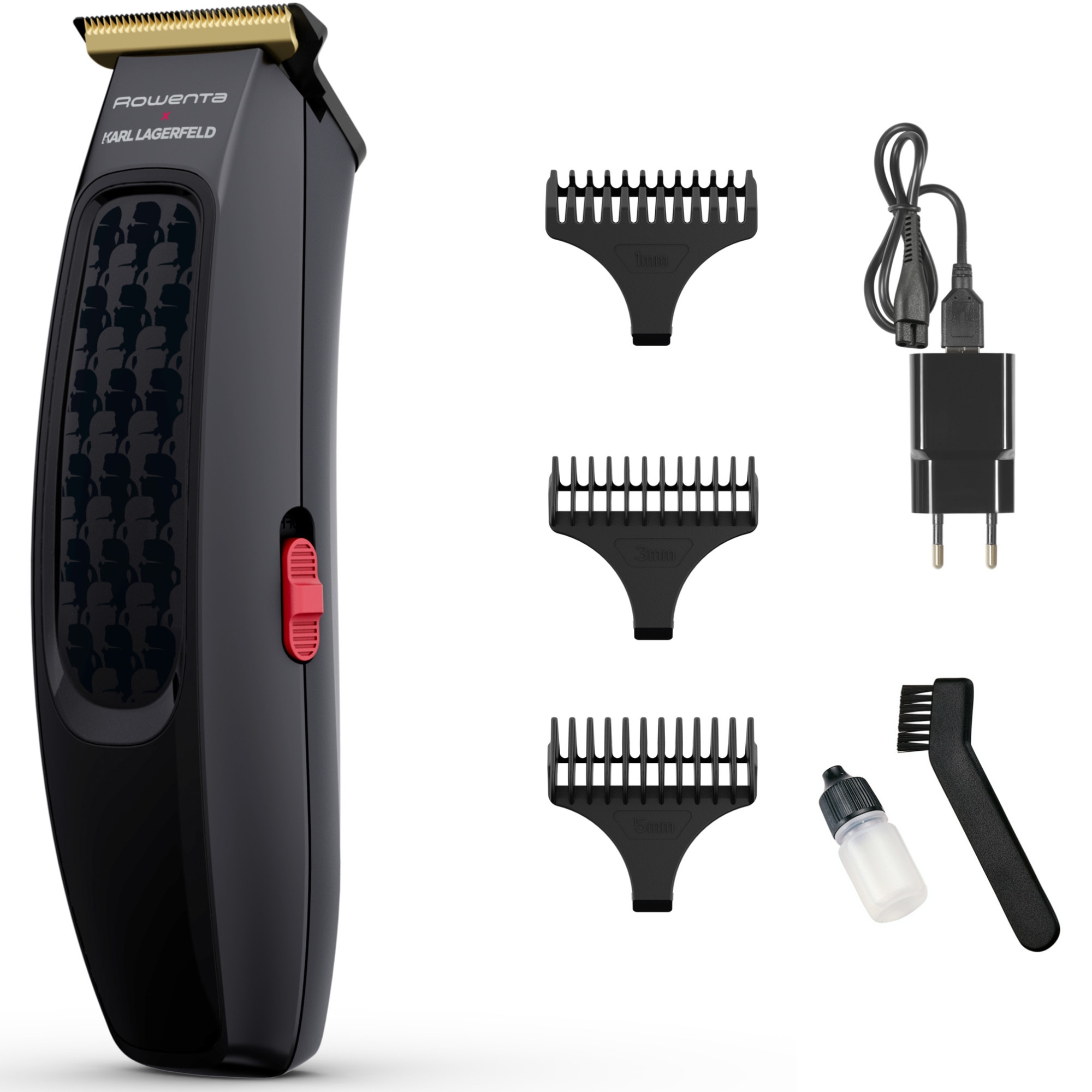 Aparat de tuns Rowenta x Karl Lagerfeld Cut & Style TN182LF0, 6500 rpm, 3 piepteni, perie curatare si ulei lubrifiant incluse, lame din inox, autonomie 90 minute, indicator LED, negru & rosu