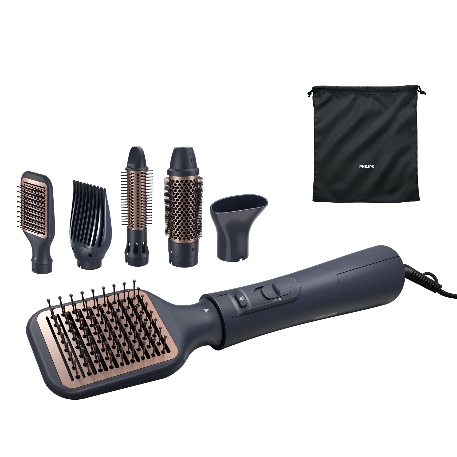 Philips Series 5000 hot air brush BHA53000, 1000W, uniform heat distribution technology, 4 times more ions, 5 accessories, brush diameter 38mm, setting of care temperature and cold air, volume accessory, infused with argan oil