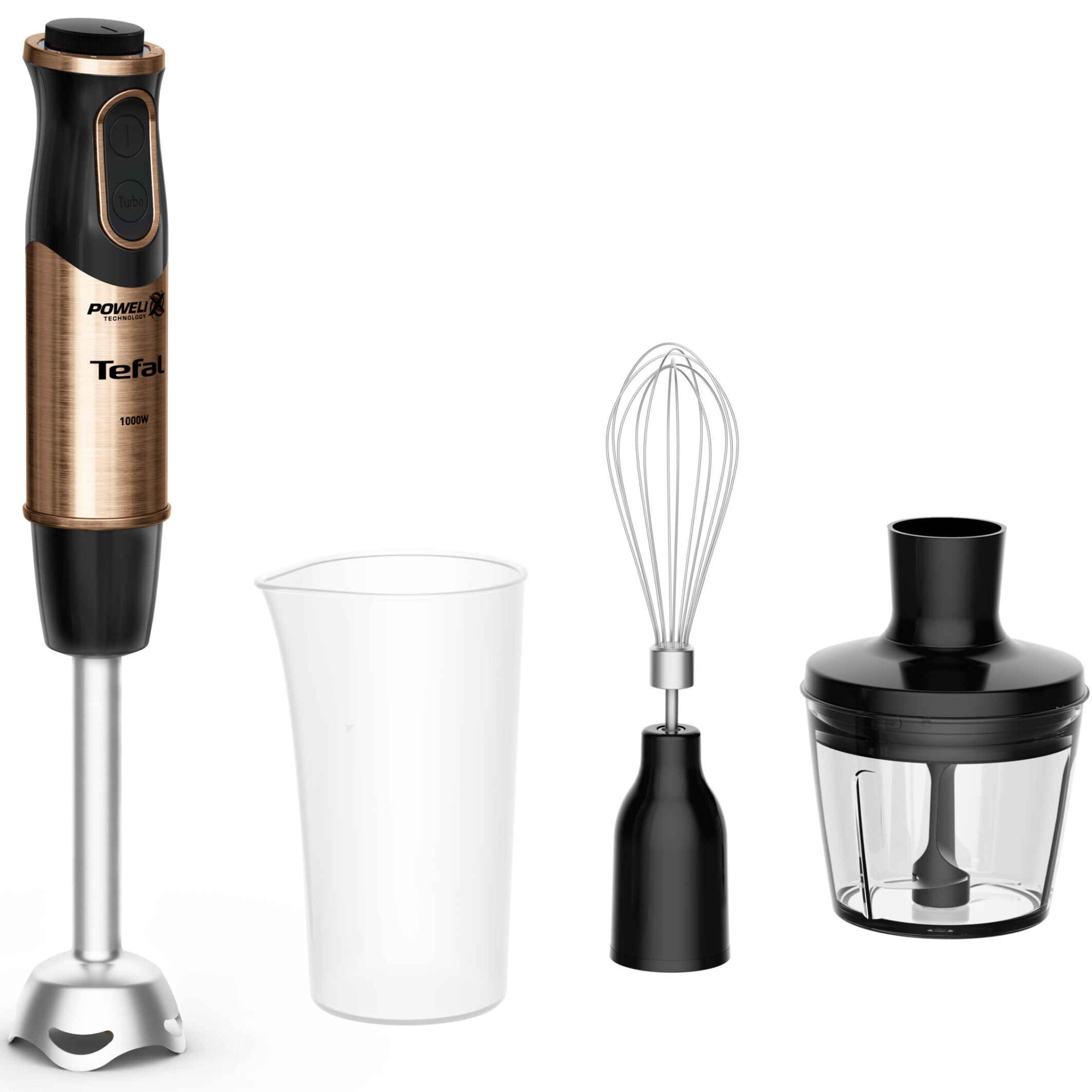 Tefal Quickchef Coppertinto 3 in 1 vertical mixer HB656G10, 1000W, 20 speeds, Powelix, stainless steel, 800 ml glass, 500 ml chopper, whisk included, splash-proof, black &amp; brown