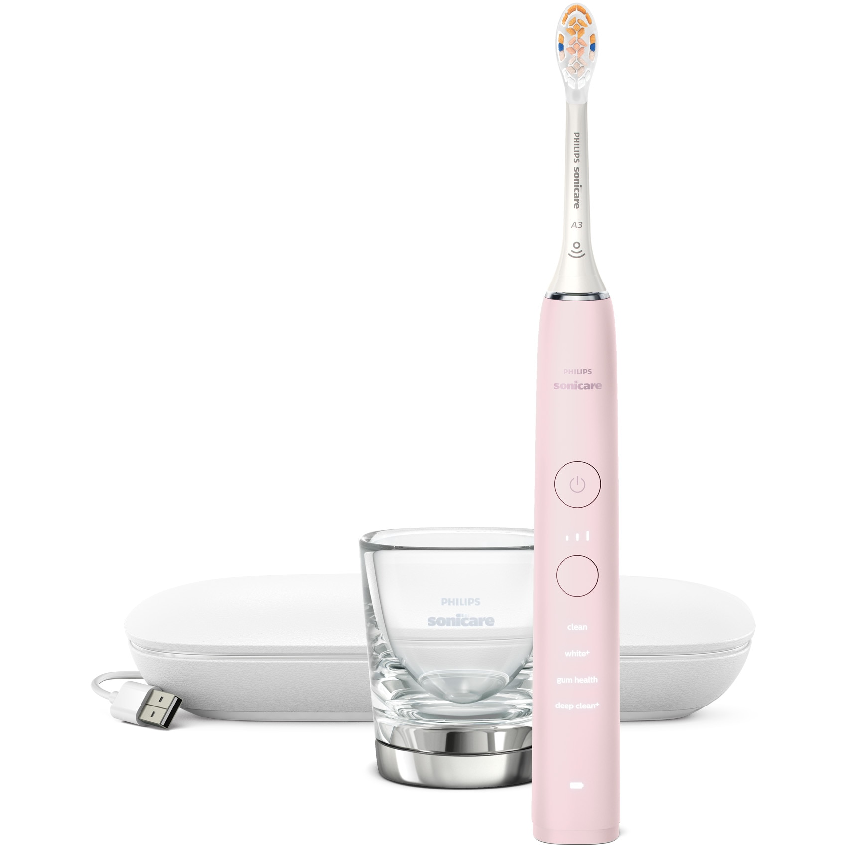 Philips Sonicare Diamond Clean 9000 pink electric toothbrush: 4 modes, 3 intensities, case, cup.