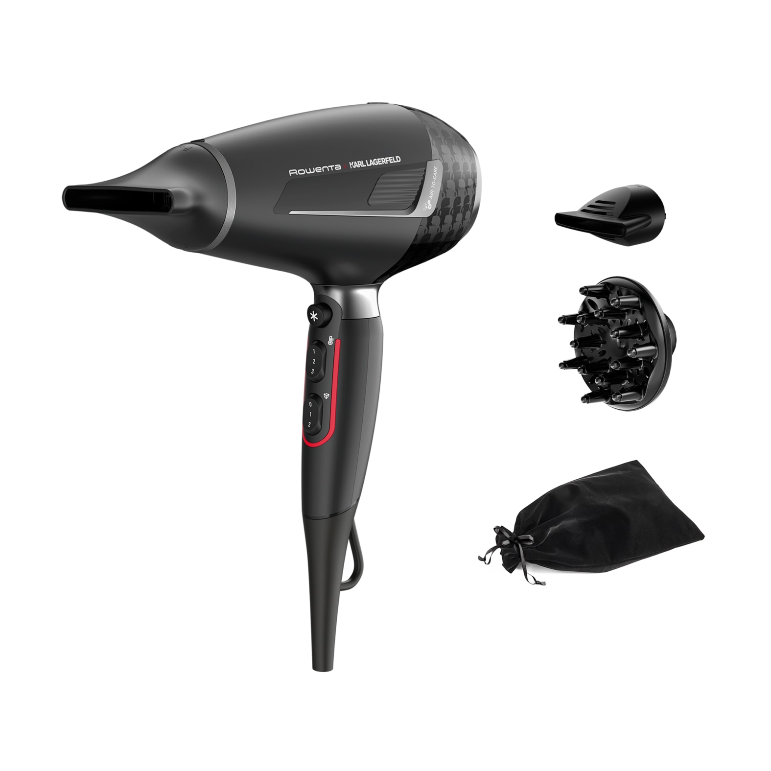 Hair dryer Rowenta x Karl Lagerfeld CV888LF0, 2200W, AirtoCare Technology, 3 accessories, black &amp; gray