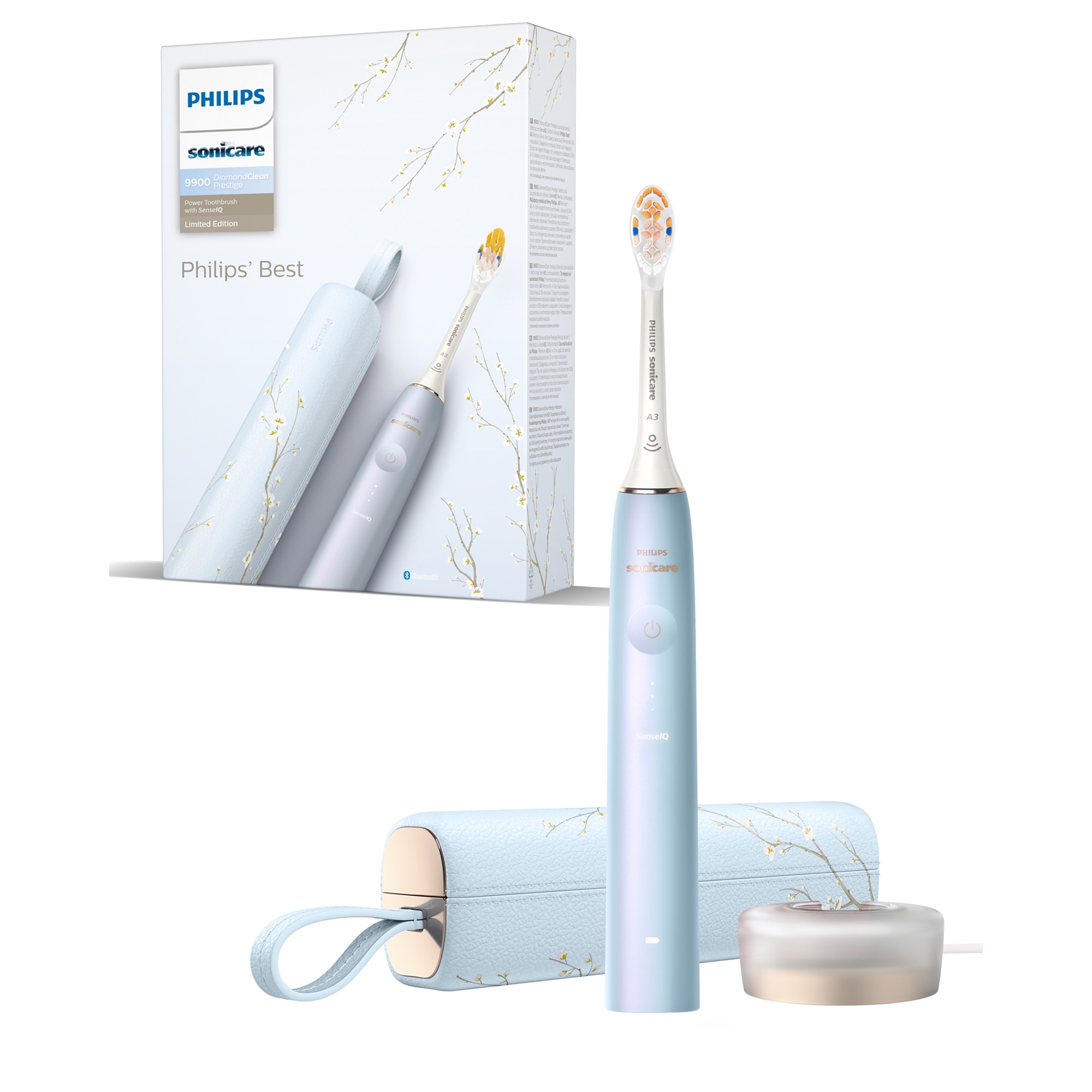PHILIPS Sonicare Prestige Series 9900 HX9997/32 sonic electric toothbrush, SenseIQ technology, connectivity with the Sonicare app, BrushSync sensor, 5 brushing modes, 2 A3 brush heads, 1 carrying case, charging stand, Blue