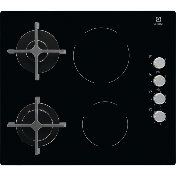 Plita incorporabila Electrolux EGE6172NOK, Mixta, 2 Zone Gaz, 2 Zone Vitroceramice, Aprindere electrica, 60 cm, Negru