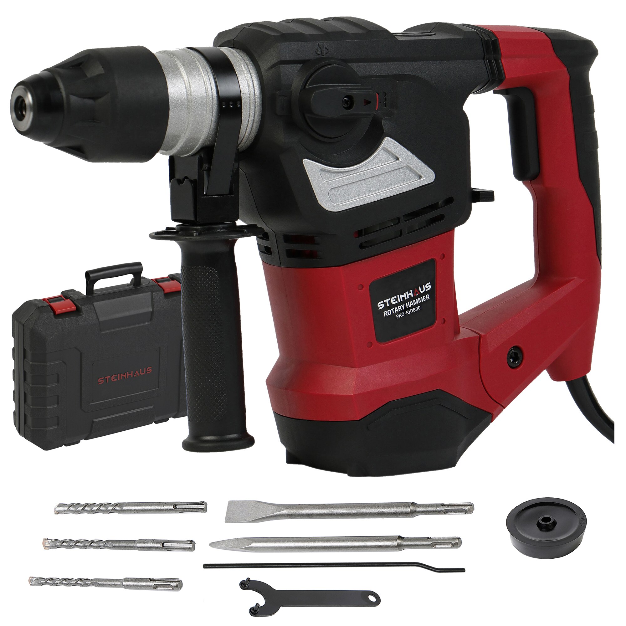 Ciocan rotopercutor Steinhaus PRO-RH1800, 1800W, 820 RPM, 7J, mandrina SDS-Plus, 4 functii, kitbox + 3 burghie, dalta, spit