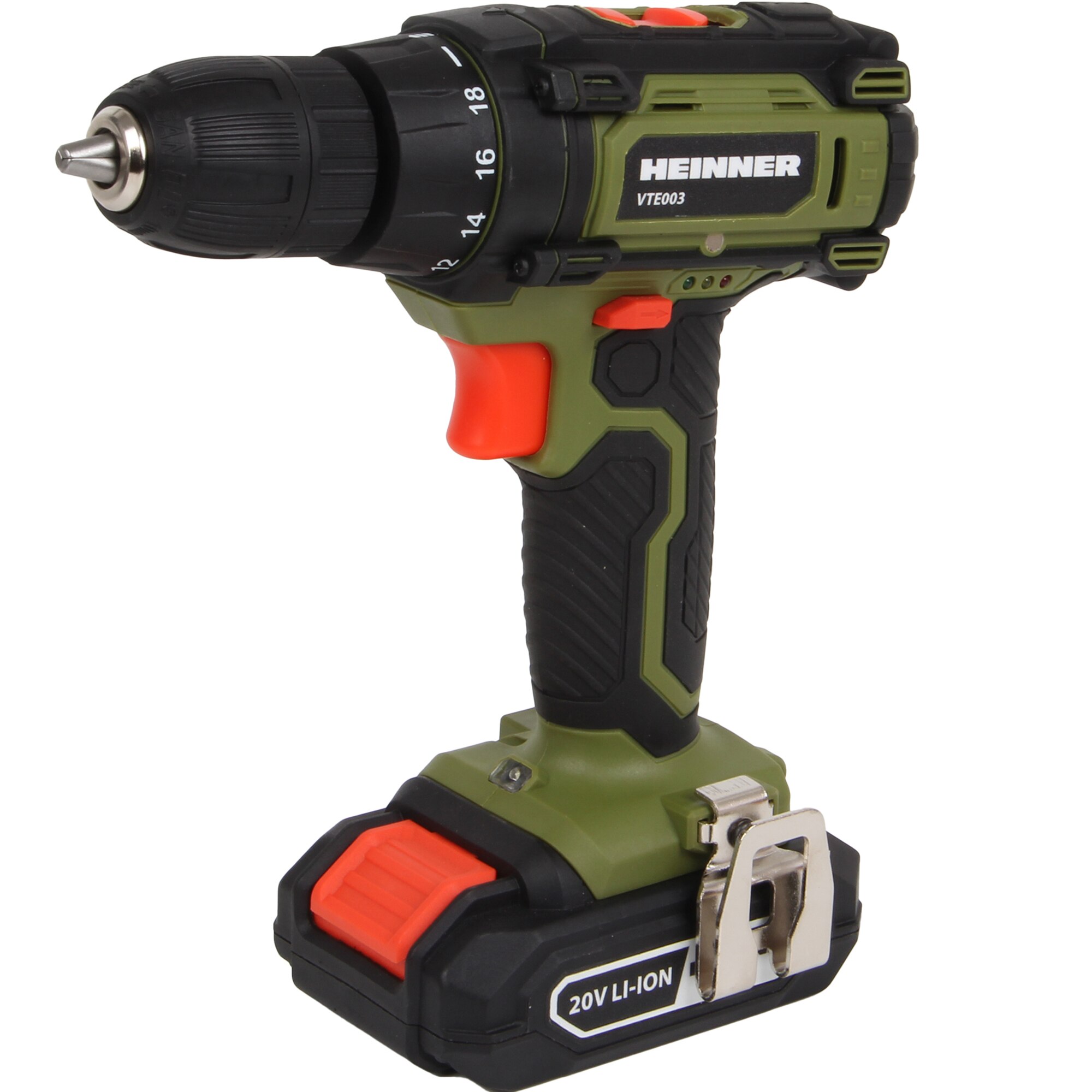 Heinner VTE003 cordless drill/driver, 20 V, 1500 RPM, 30 Nm, 18+1 voltage settings, battery, charger