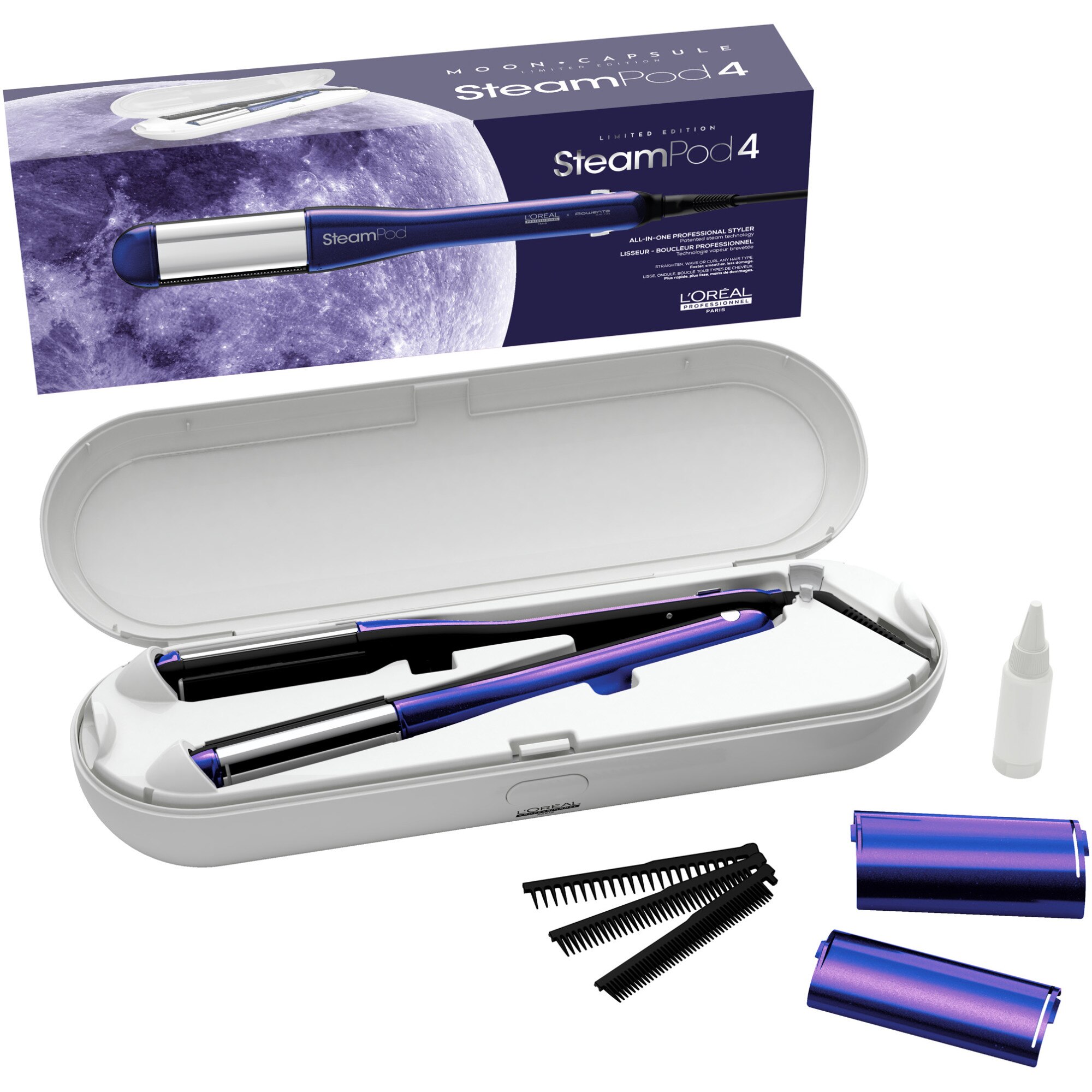 Placa profesionala pentru coafarea si ingrijirea parului L’Oréal Professionnel Steampod 4.00 Moon Capsule, 3 setari de caldura, oprire automata, rezervor de apa incorporat, albastru
