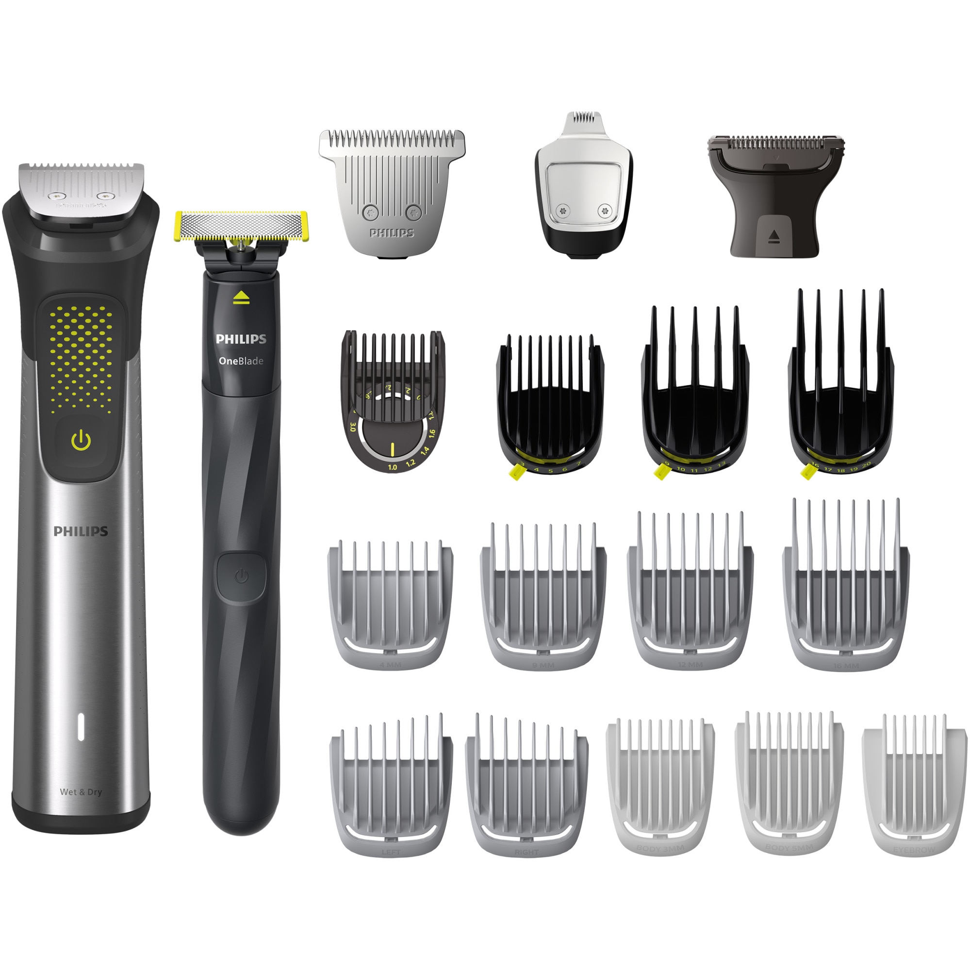 Set OneBlade & Aparat de tuns barba si parul 20 in 1 PHILIPS Multigroom All in One MG9553/15, tehnologie BeardSense si OneBlade, lame din otel cu auto-ascutire, 27 setari de lungime, rezistent la apa, husa, Argintiu