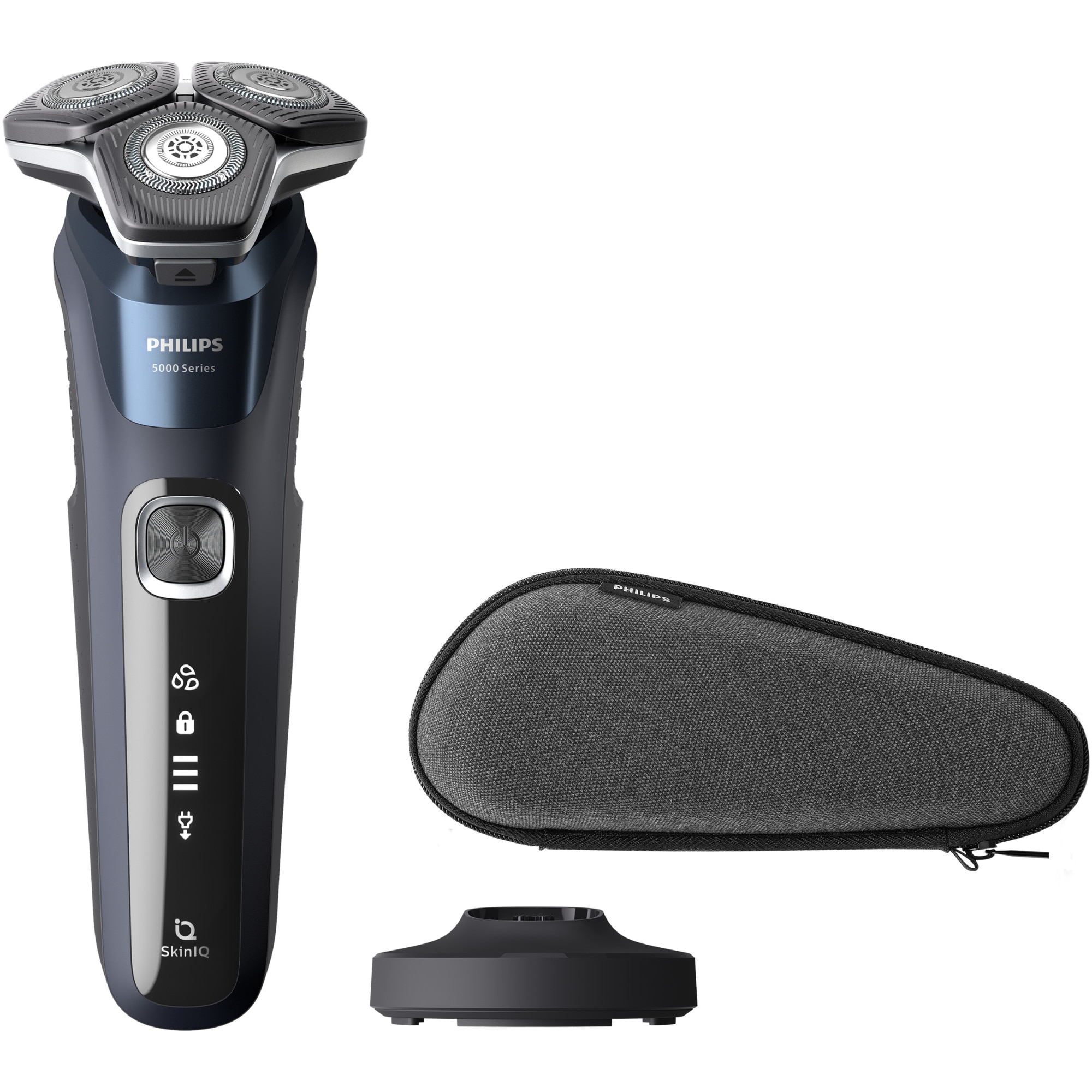 Aparat de barbierit PHILIPS Shaver Seria 5000 S5885/35, barbierit umed/uscat, tehnologie SkinIQ, fara fir, capete flexibile 360°, display LED, senzor Power Adapt, lame auto-ascutire, lama integrata, 60 min, toc transport, suport incarcare, Midnight Blue