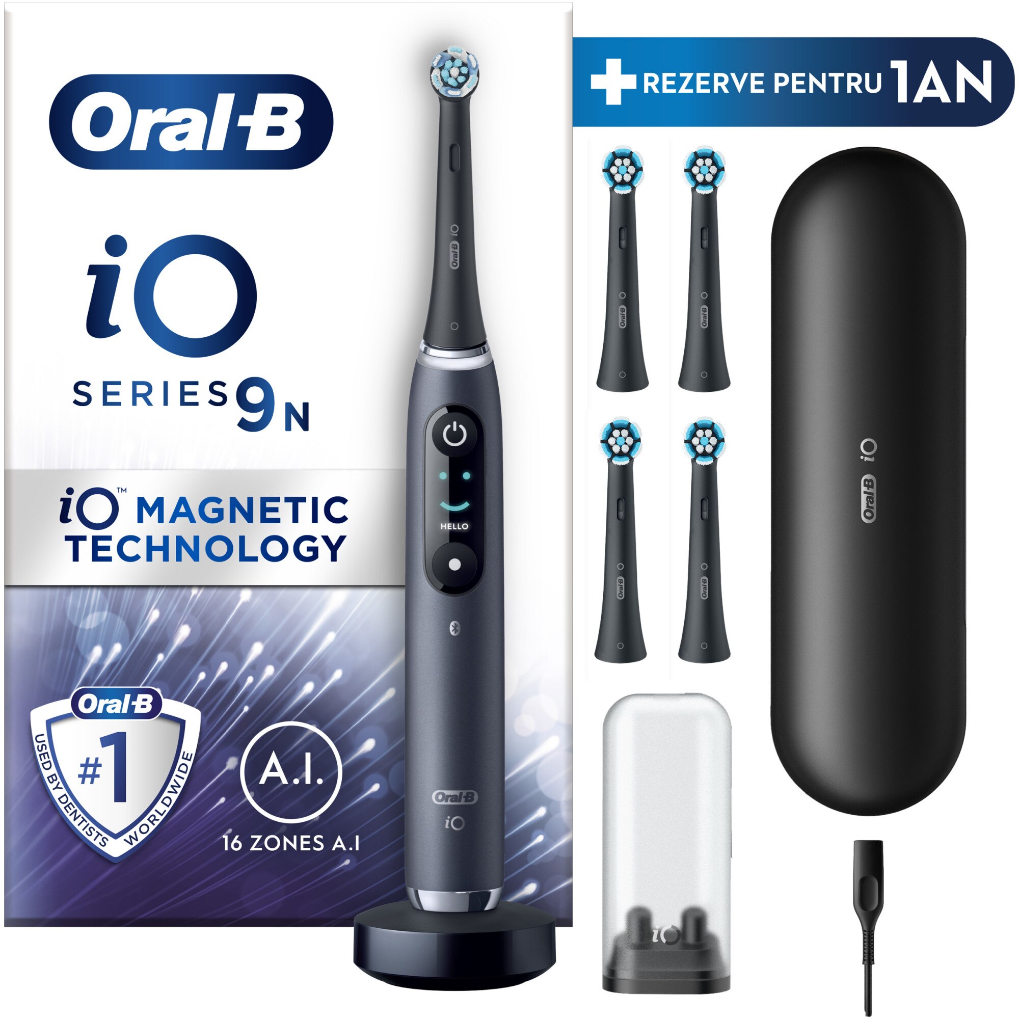 Periuta de dinti electrica Oral-B iO9 cu Tehnologie Magnetica si Micro-Vibratii, Inteligenta artificiala, Display led, Senzor de presiune Smart, 7 moduri, 1 capat, Suport rezerve, Trusa de calatorie cu incarcator, Negru + 4 capete de periaj