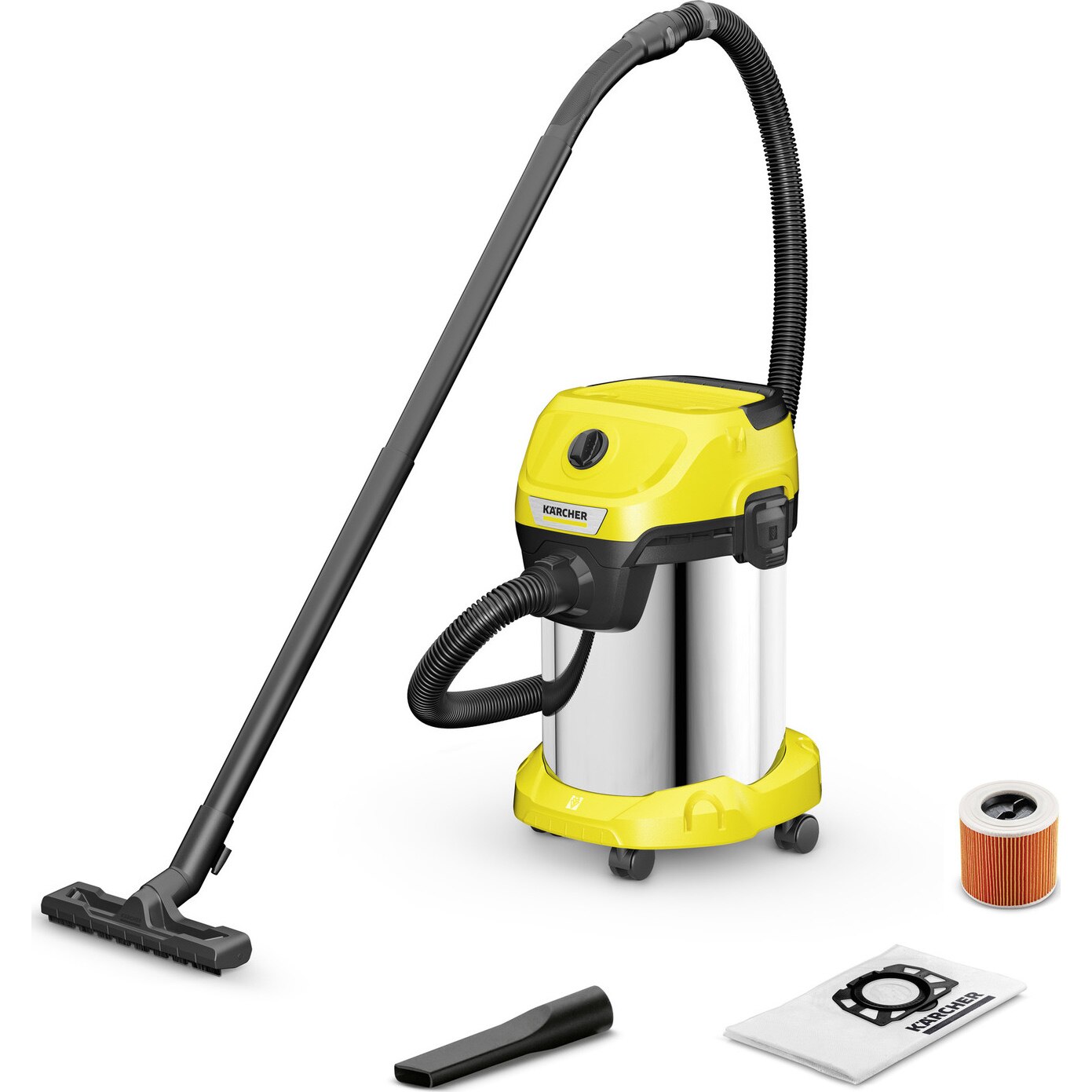 Aspirator umed-uscat Karcher WD 3 S, 19l, 2m, 1000W, functie suflare, inox, Galben/Negru