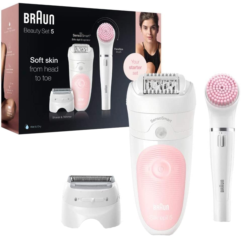 Epilator Braun Silkpil 5 5895 BS Beauty Set, SensoSmart, Wet &amp; Dry, 28 tweezers, 2 speeds, shaving head, Braun FaceSpa 3 accessories, Travel bag, PinkWhite