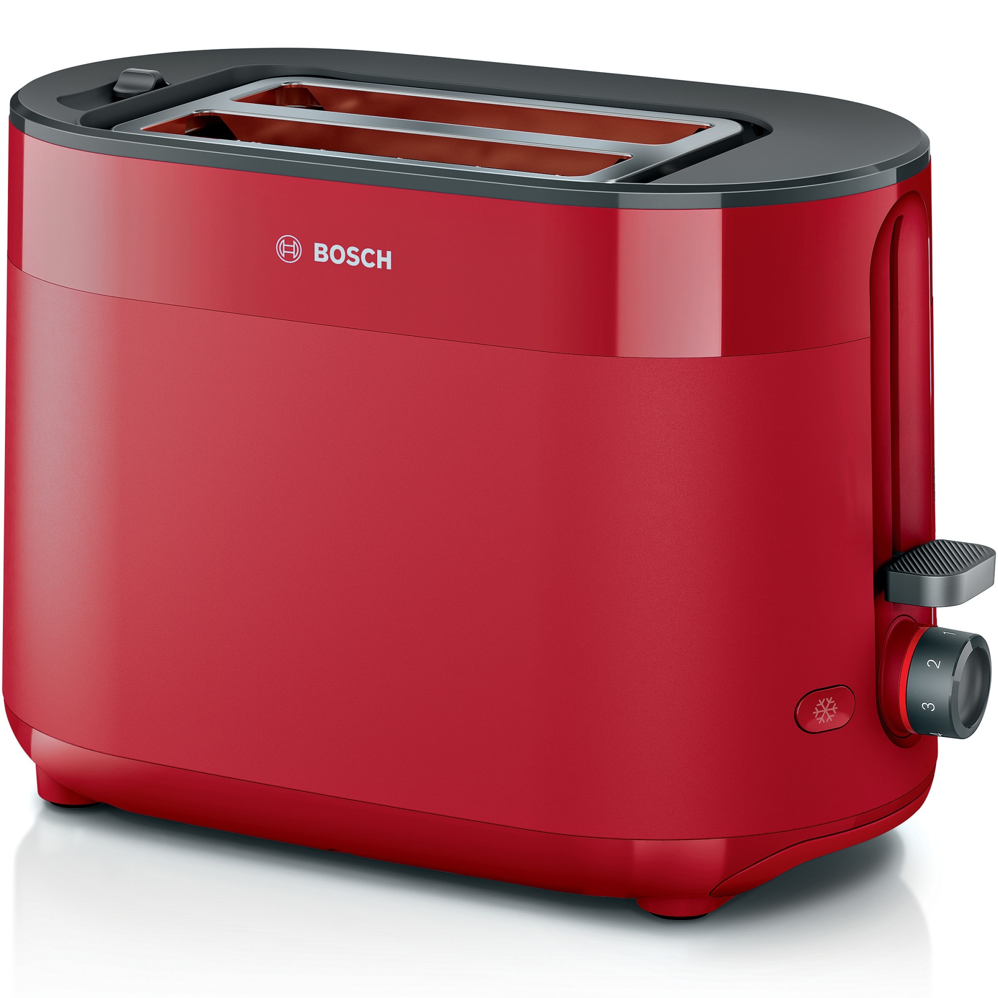 Bosch TAT2M124 compact toaster, defrost and reheat settings, bun warming rack, high lift, automatic shut-off; even browning, BPA-free for plastic elements, Red