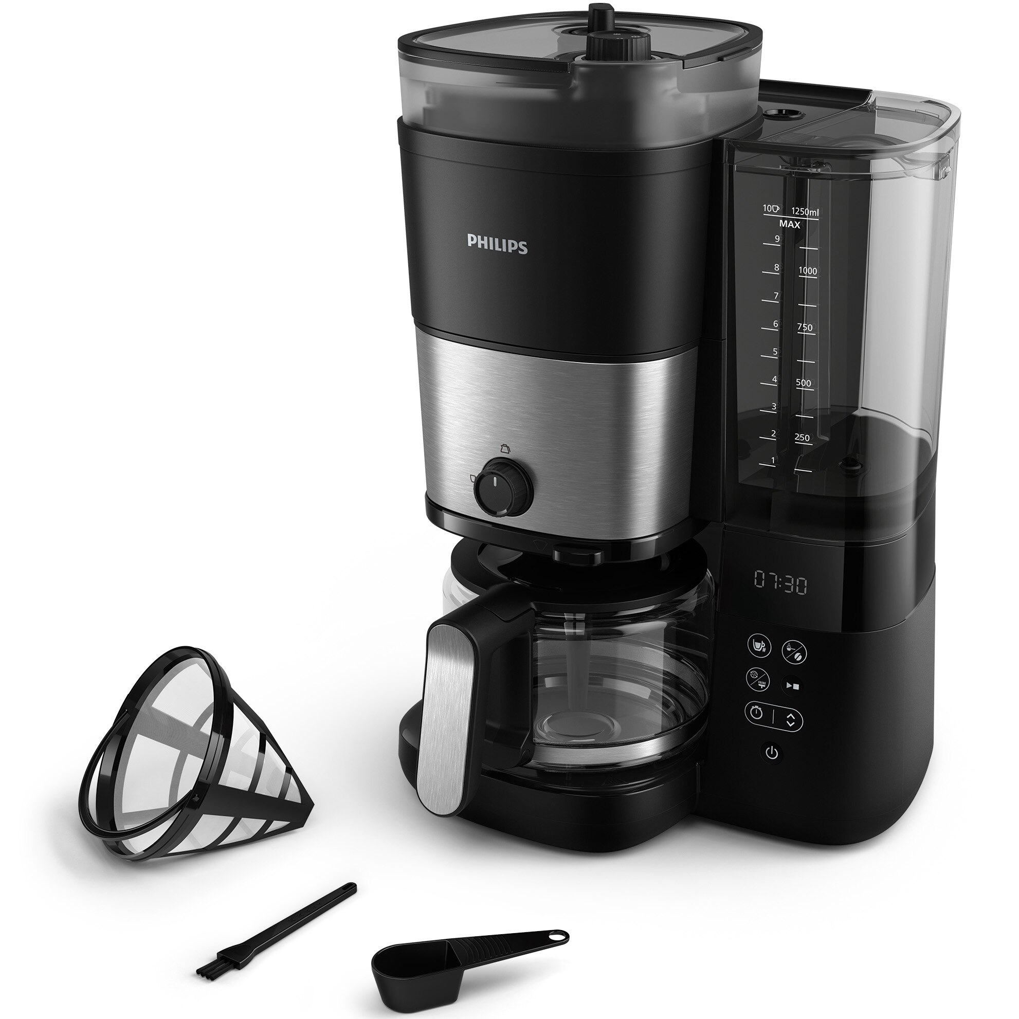Cafetiera Philips HD7900/50 All-in-1 Brew, rasnita integrata, Recipient dublu pentru boabe de cafea, Filtru permanent, Functie anti-picurare, Afisaj LED,Rezervor de apa detasabil, Lingura de dozare