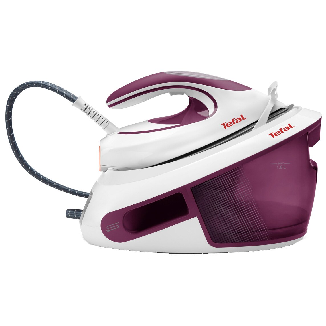 Tefal Express Anti-Calc SV8054E0 ironing station, 2800W, 6.5 bar, steam jet 420 g/min, variable steam 0-120g/min, Durilium AirGlide soleplate, 1.8 L water tank, automatic shut-off, white/purple